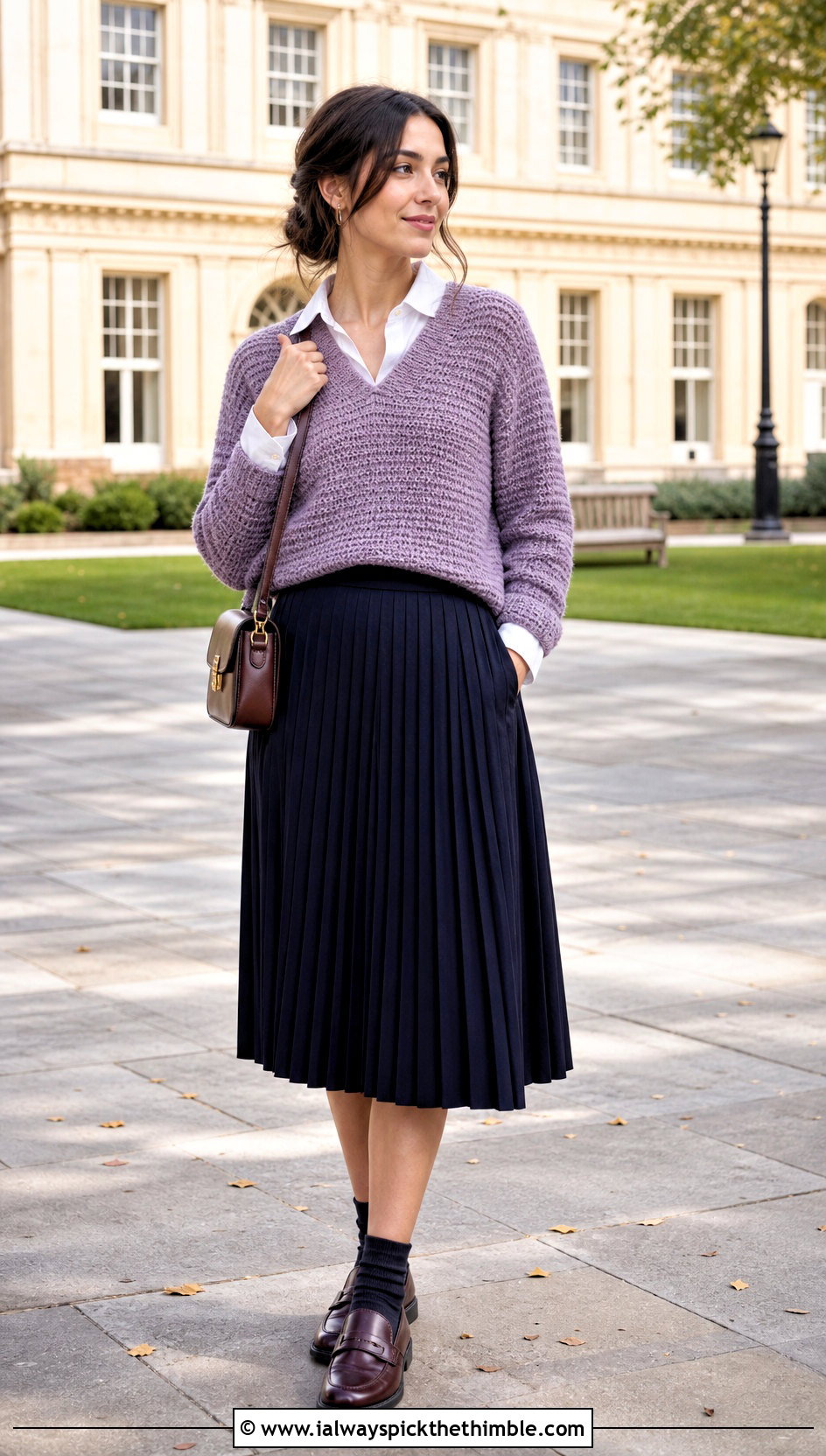 V Neck Raglan Half Double Crochet Sweater With Pleated Skirt - 20 half double crochet sweater outfit ideas