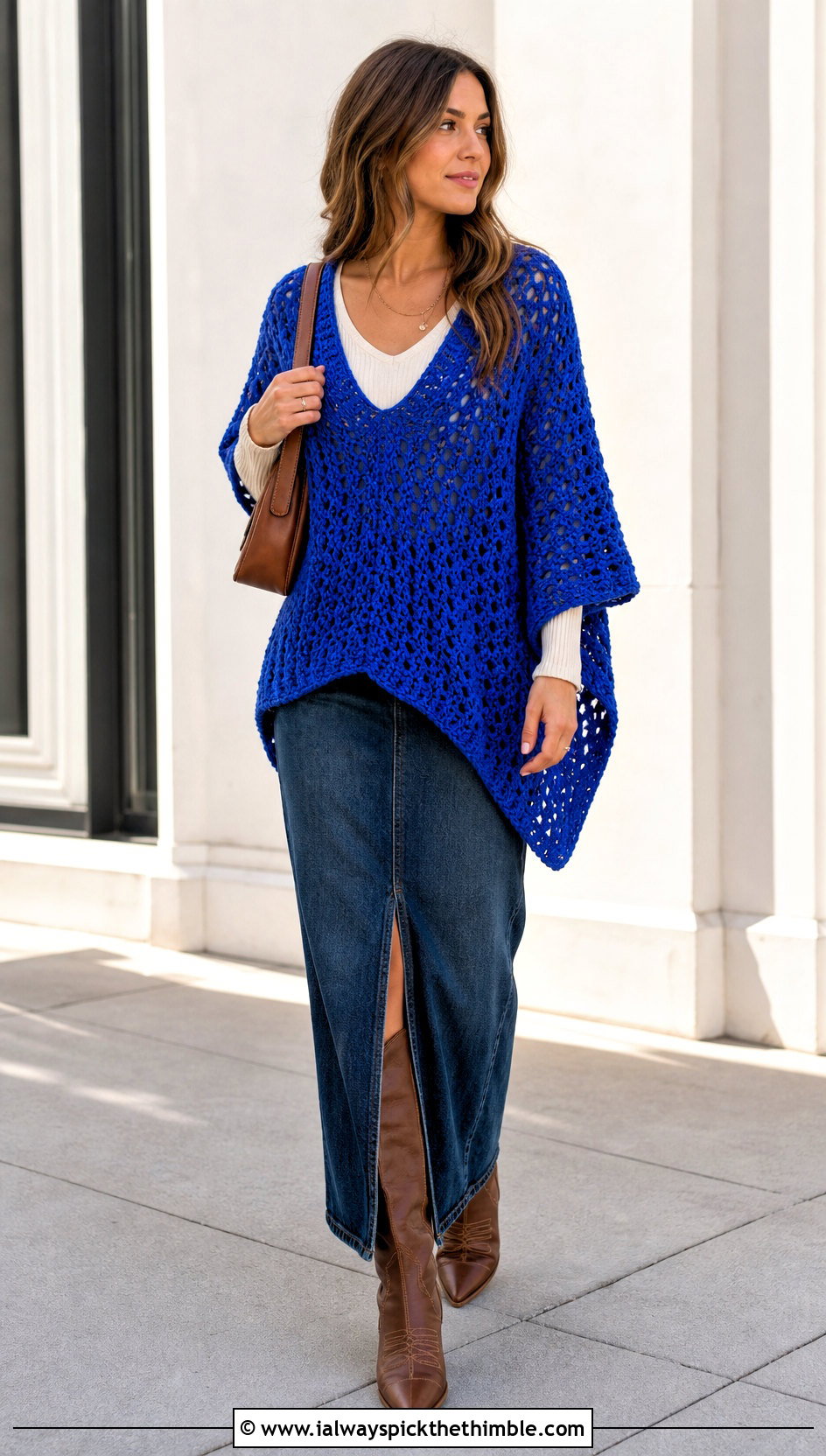 V Neck Rectangle Chunky Crochet Poncho With Denim Maxi Skirt - 20 Chunky Crochet Poncho outfit ideas