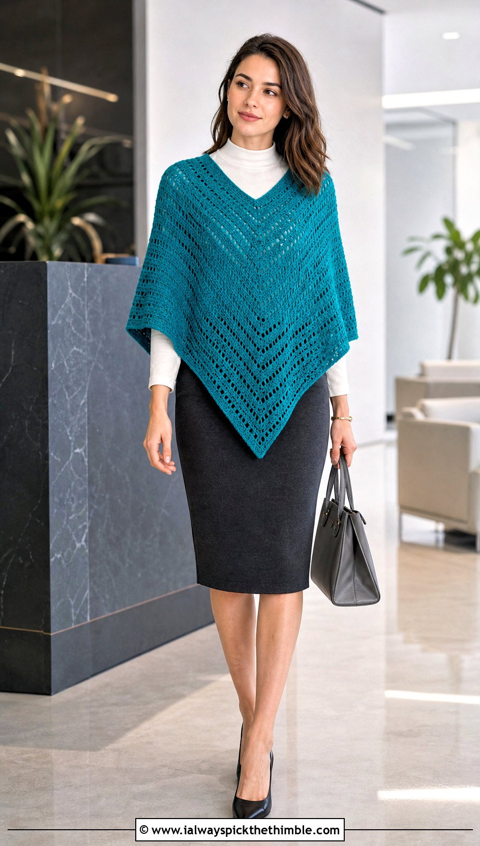 V Neck Rectangle Crochet Poncho With Pencil Skirt - 20 crochet poncho for women outfit ideas
