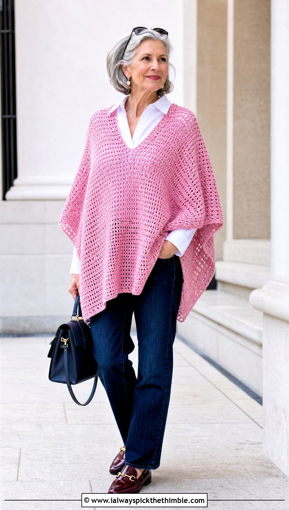 V Neck Rectangle Crochet Poncho With White Shirt - 15 Lightweight Crochet Poncho outfit ideas