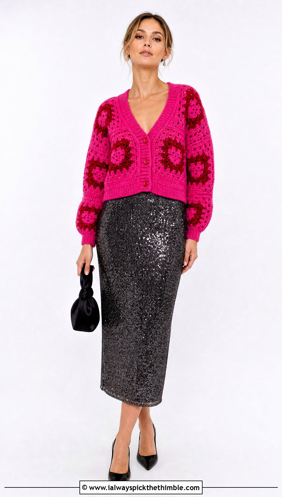 V Neck Red Heart Granny Square Cardigan With Sequin Midi Skirt - 15 red heart granny square cardigan outfit ideas