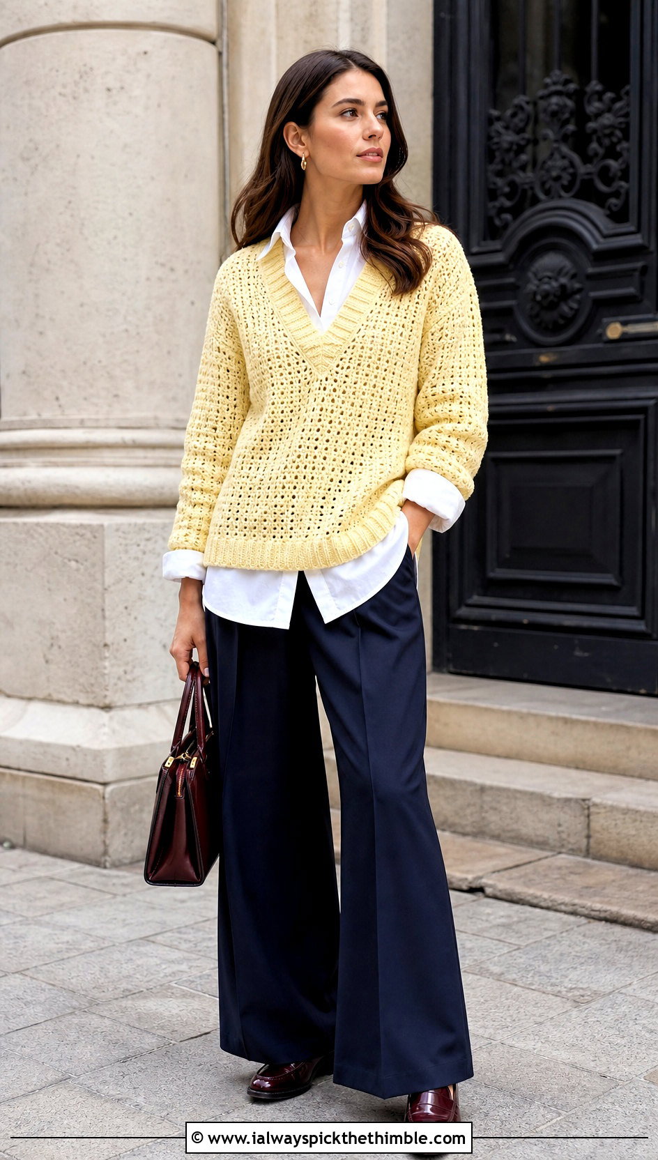 V Neck Rustic Crochet Sweater With White Shirt And Trousers - 15 Rustic Crochet Sweater outfit ideas