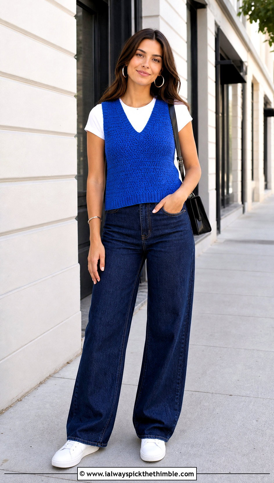 V Neck Simple Stitch Tunisian Crochet Vest With Wide Leg Jeans - 20 Tunisian Crochet Vest outfit ideas