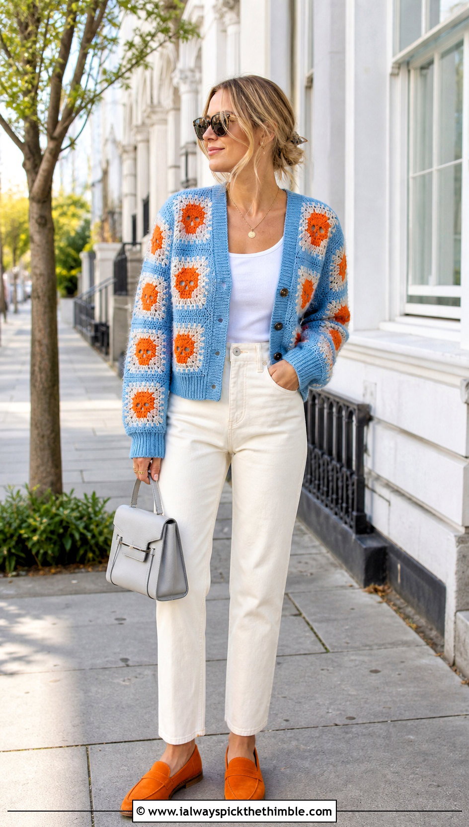 V Neck Skull Granny Square Cardigan With White Jeans - 20 skull granny square cardigan outfit ideas