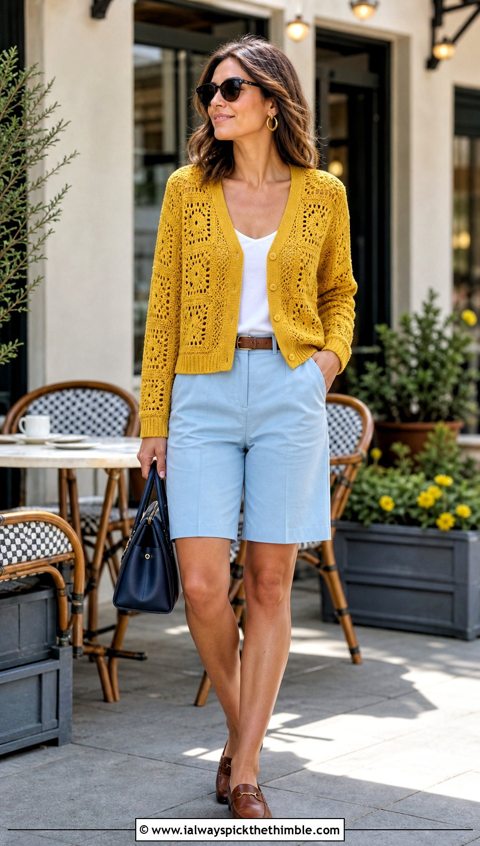 V Neck Solid Granny Square Cardigan With Bermuda Shorts - 20 Crochet Solid Granny Square Cardigan outfit ideas