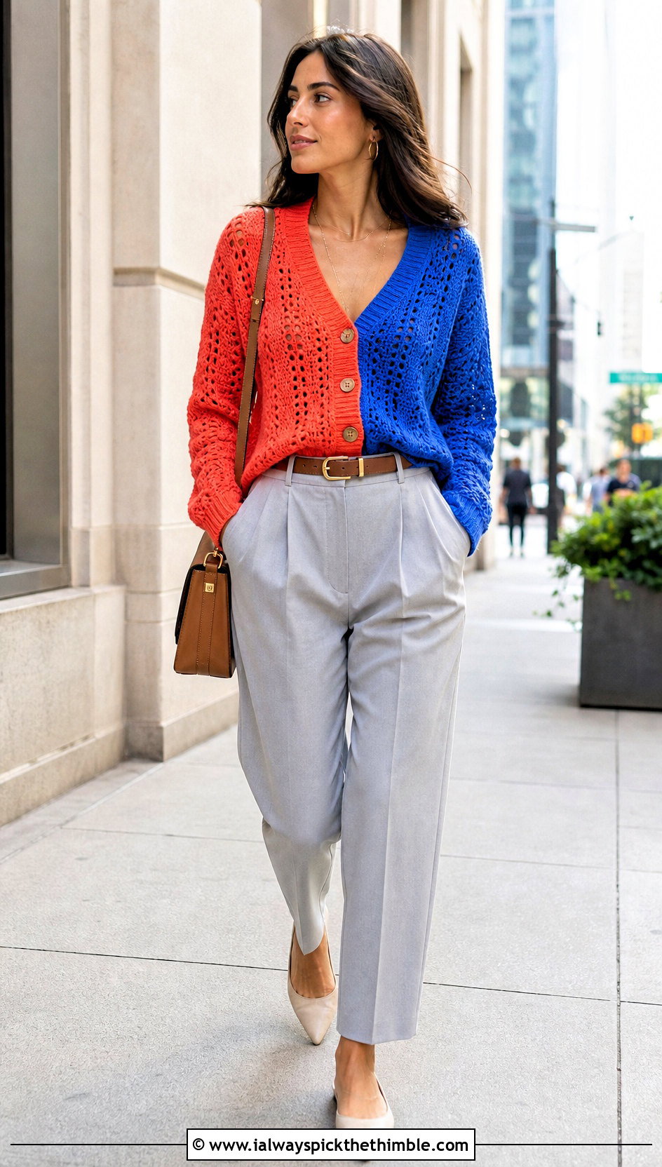 V Neck Split Color Crochet Cardigan With Pleated Pants - 15 Split Color Crochet Cardigan outfit ideas