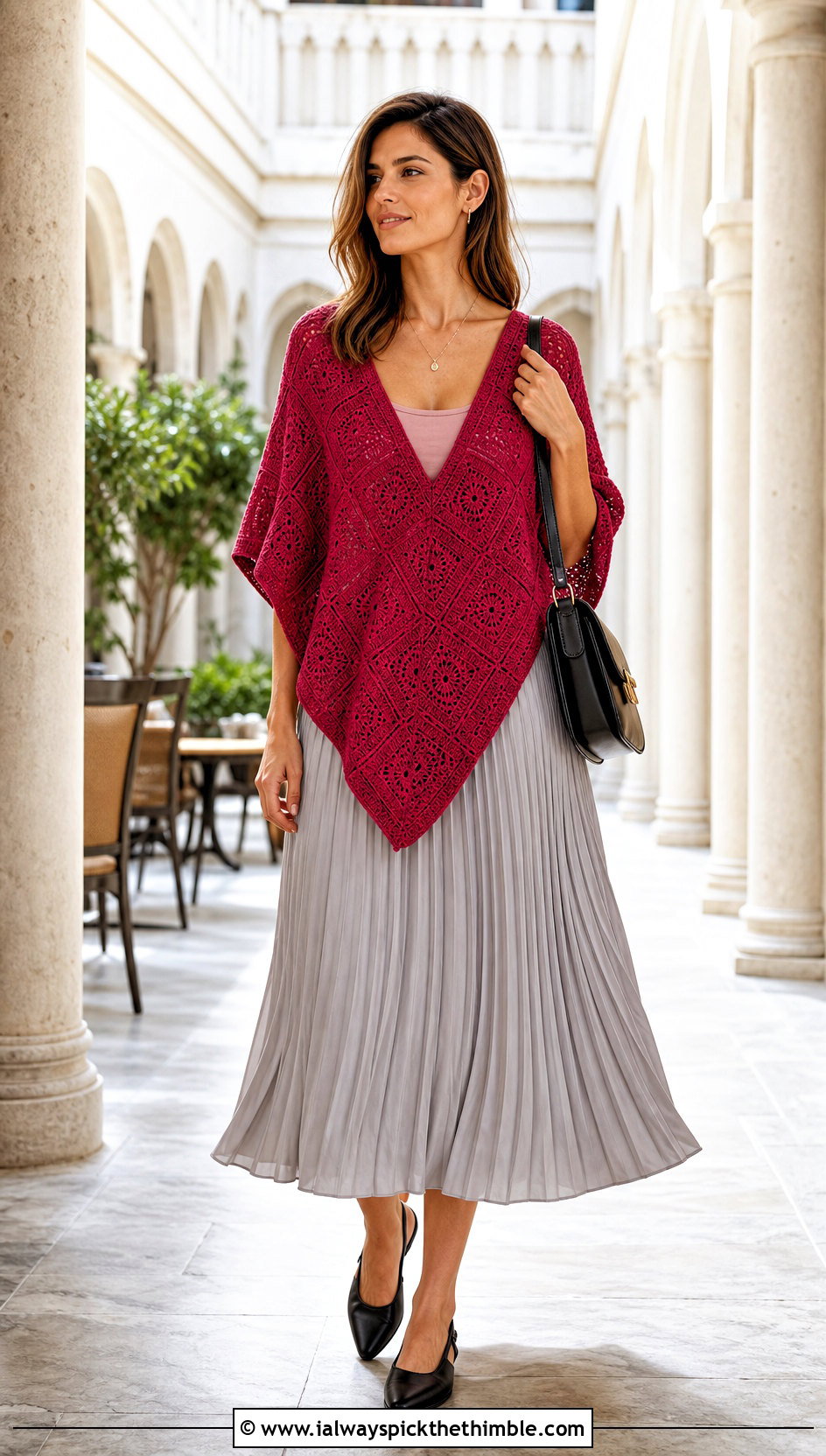 V Neck Square Poncho With Pleated Midi Skirt - 20 crochet square poncho outfit ideas
