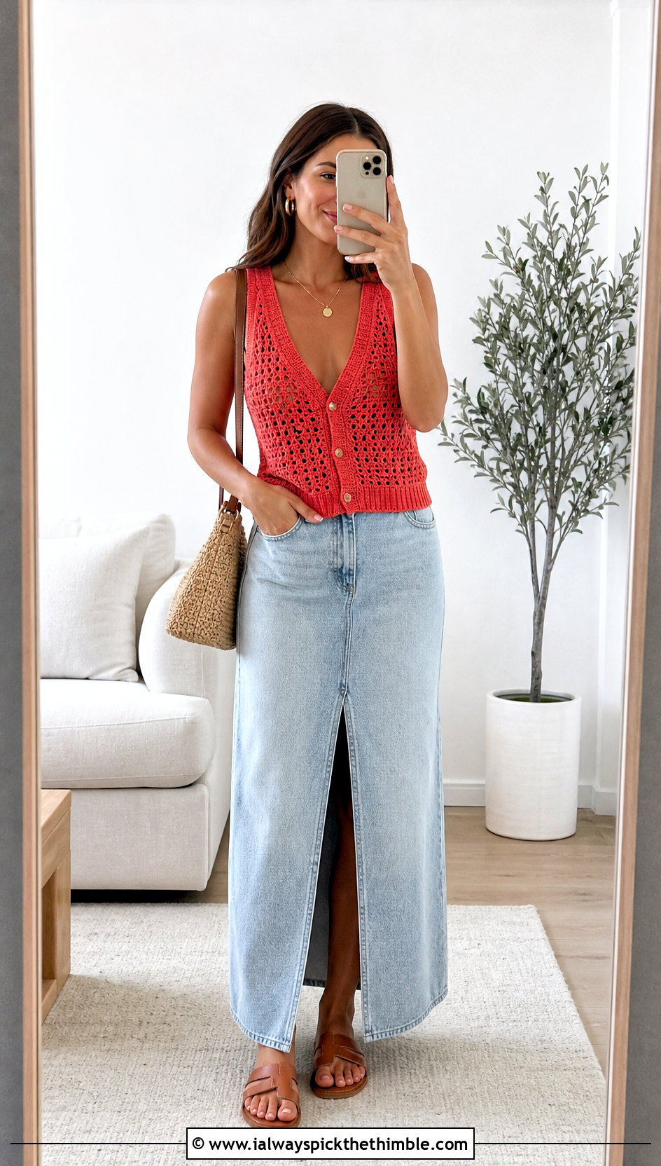V Neck Summer Crochet Vest With Denim Maxi Skirt - 15 Summer Crochet Vest Style outfit ideas