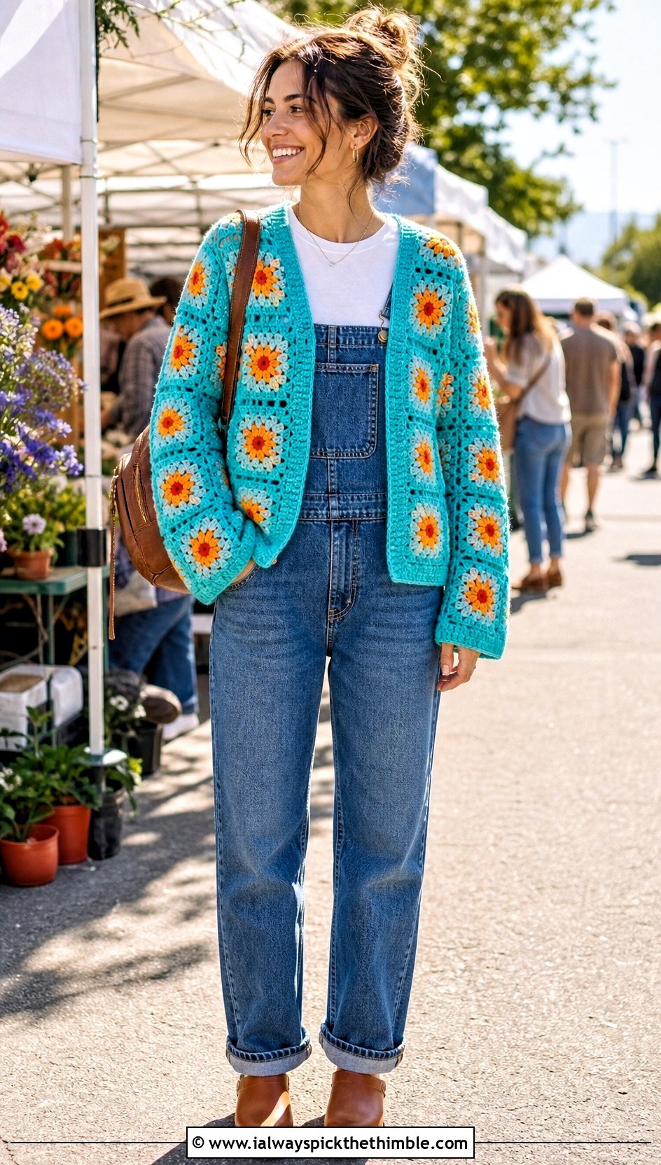 V Neck Sunburst Granny Square Cardigan With Denim Overalls - 25 sunburst granny square cardigan outfit ideas