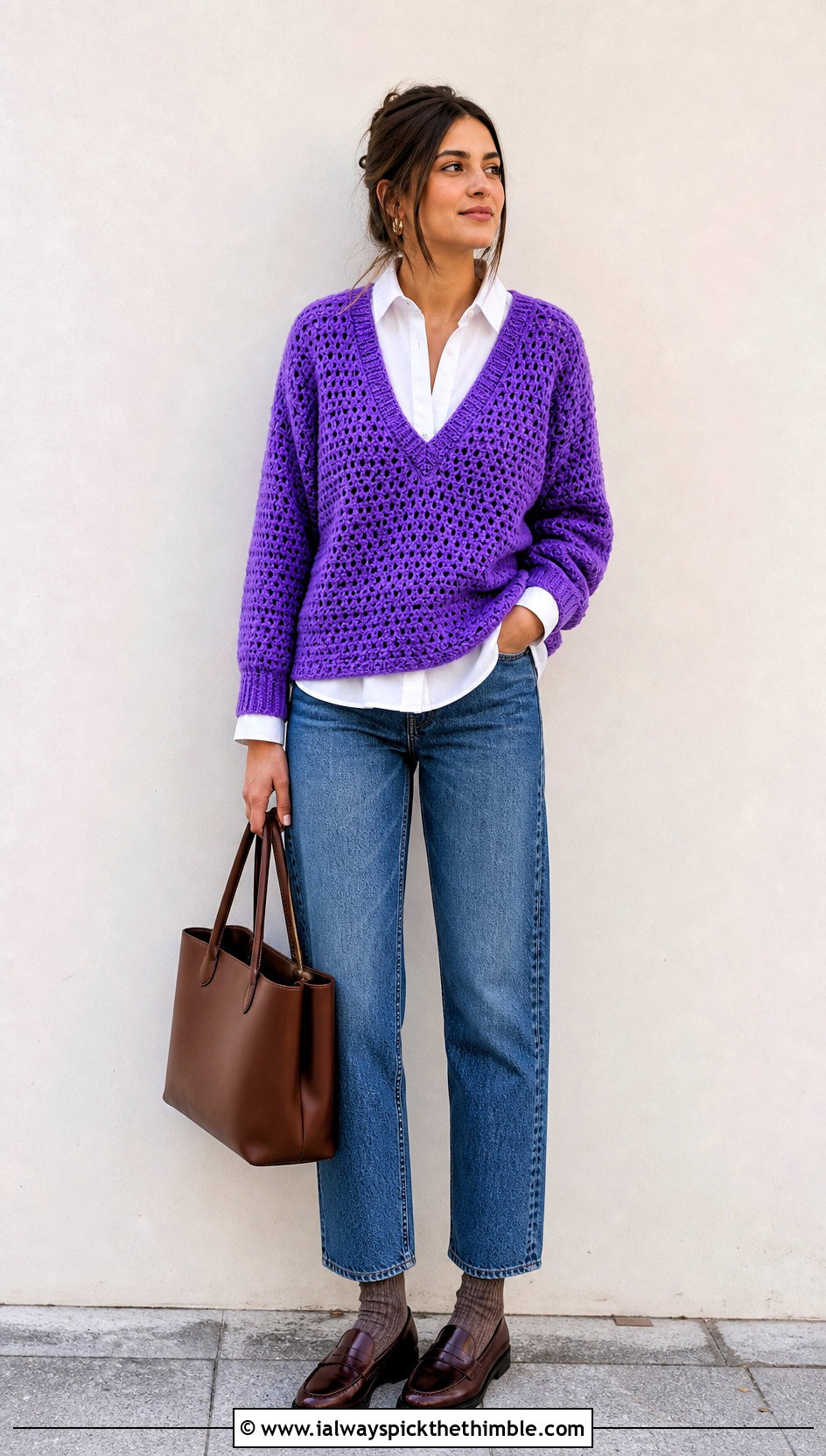V Neck Triple Crochet Sweater With Poplin Shirt And Jeans - 20 Triple Crochet Sweater outfit ideas