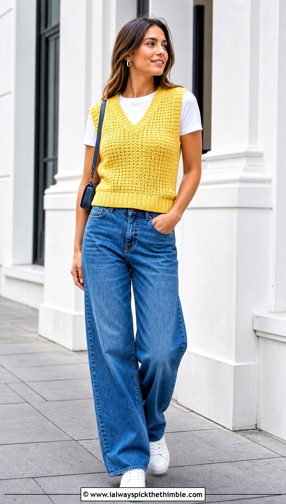 V Neck Tunisian Knit Stitch Sweater Vest With Wide Leg Jeans - 20 tunisian crochet sweater vest outfit ideas