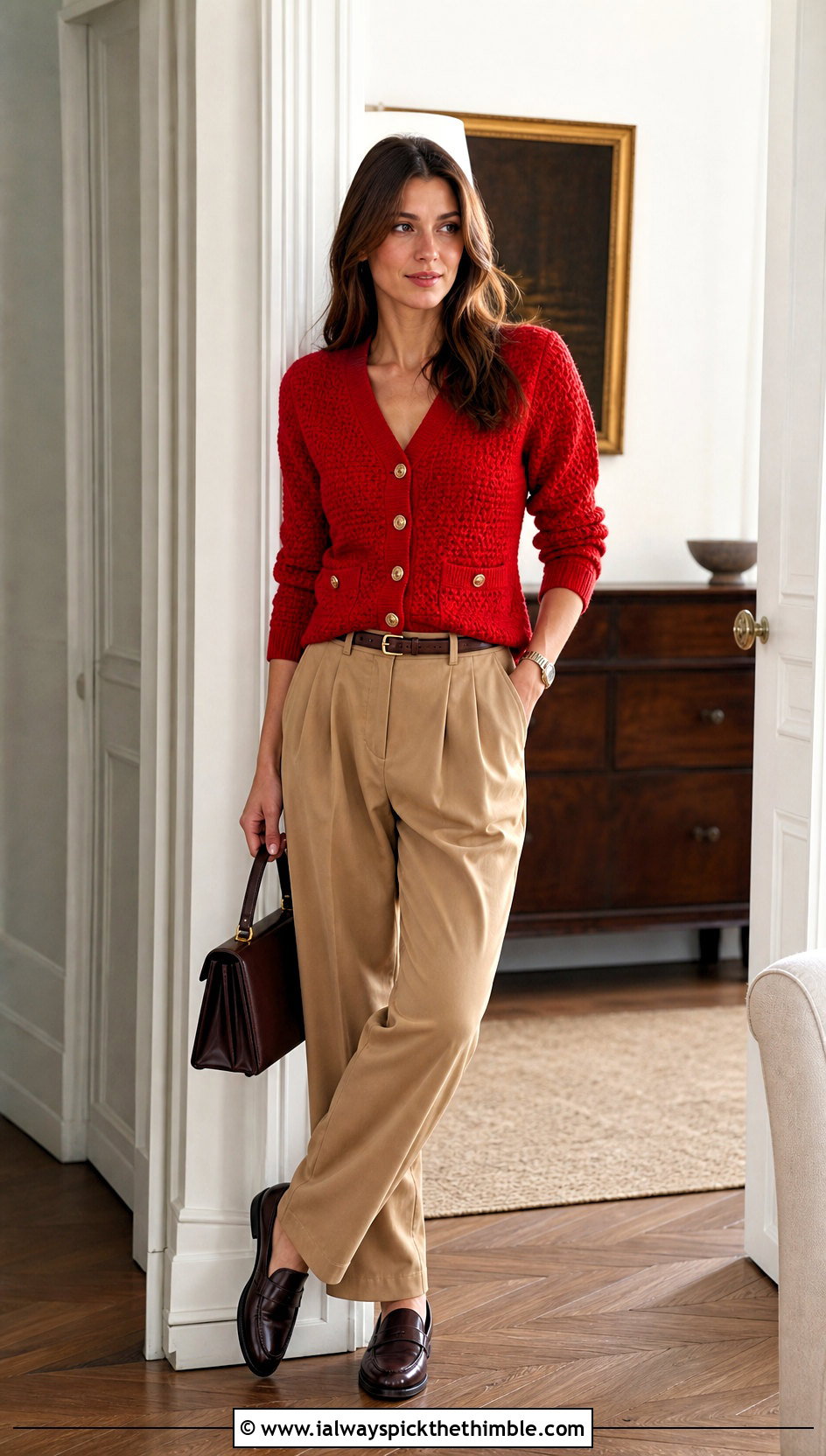 V Neck Tweed Crochet Cardi With Pleated Trousers - 15 tweed crochet cardi outfit ideas