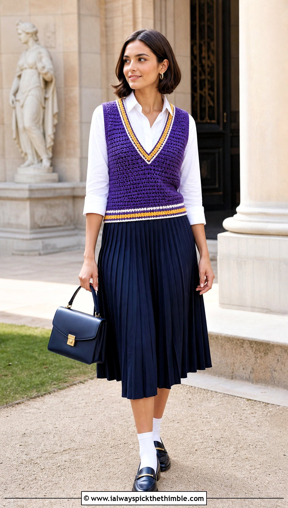 V Neck Varsity Stripe Crochet Vest With Pleated Skirt - 20 crochet vest stripes outfit ideas