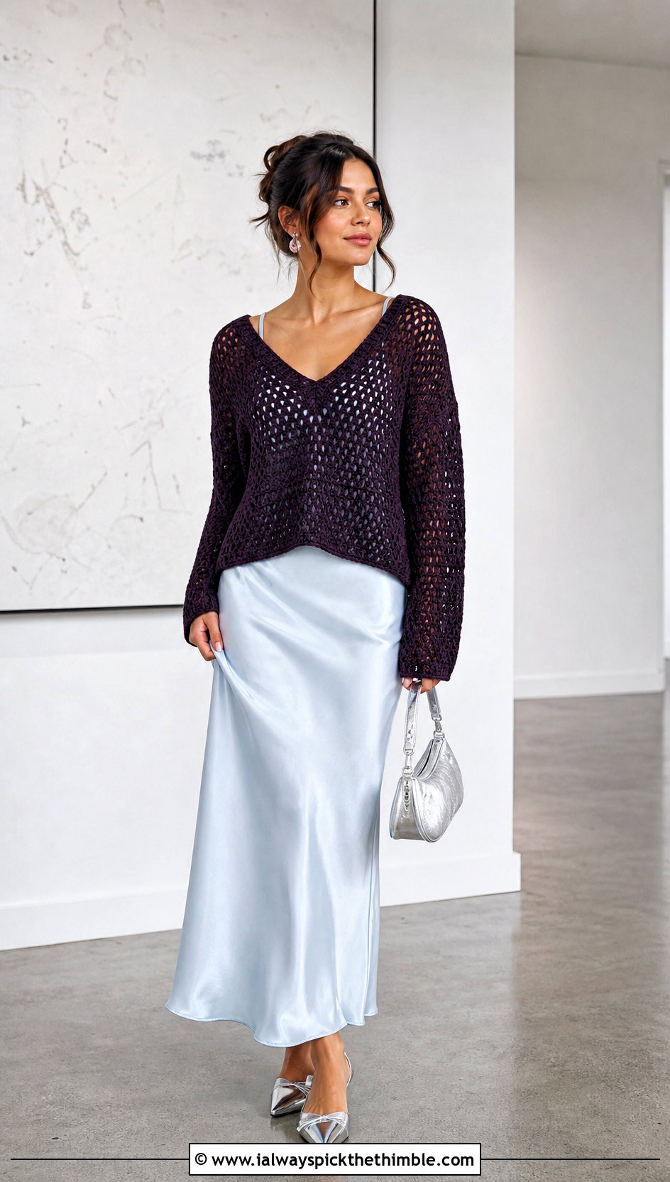 V Neck Velma Crochet Sweater Over Satin Slip Dress - 15 Velma Crochet Sweater outfit ideas