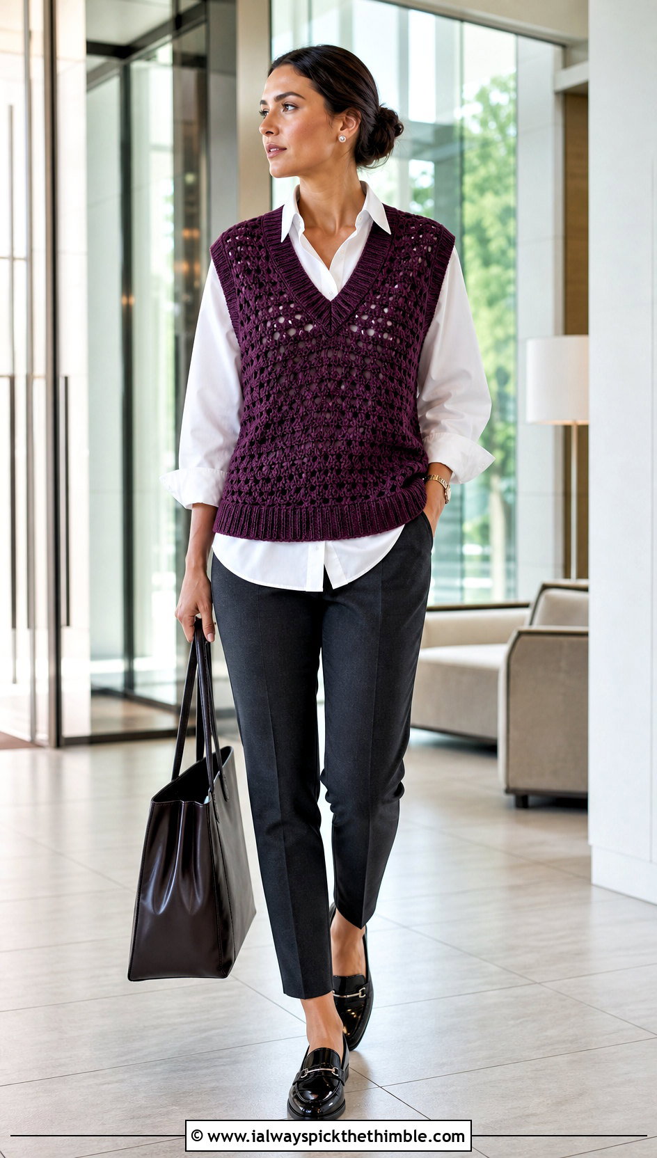 V Neck Vintage Crochet Sweater Vest With White Shirt - 20 Vintage Crochet Vest outfit ideas