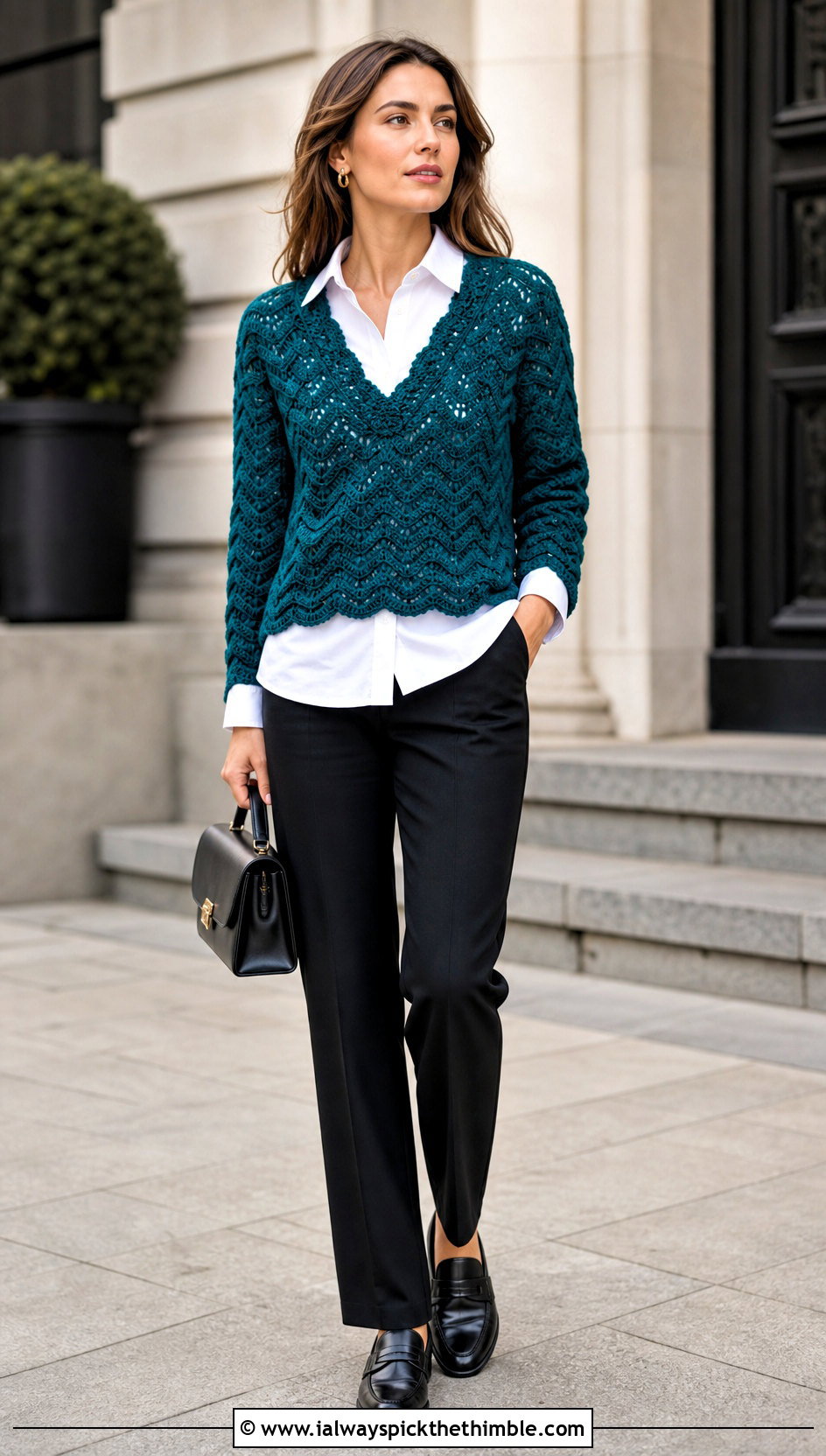 V Neck Wavy Crochet Sweater Over A Button Down Shirt - 25 wavy crochet sweater outfit ideas