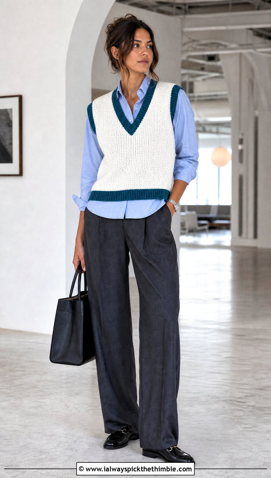 V Neck White Crochet Sweater Vest With Tailored Trousers - 25 white crochet vest outfit ideas