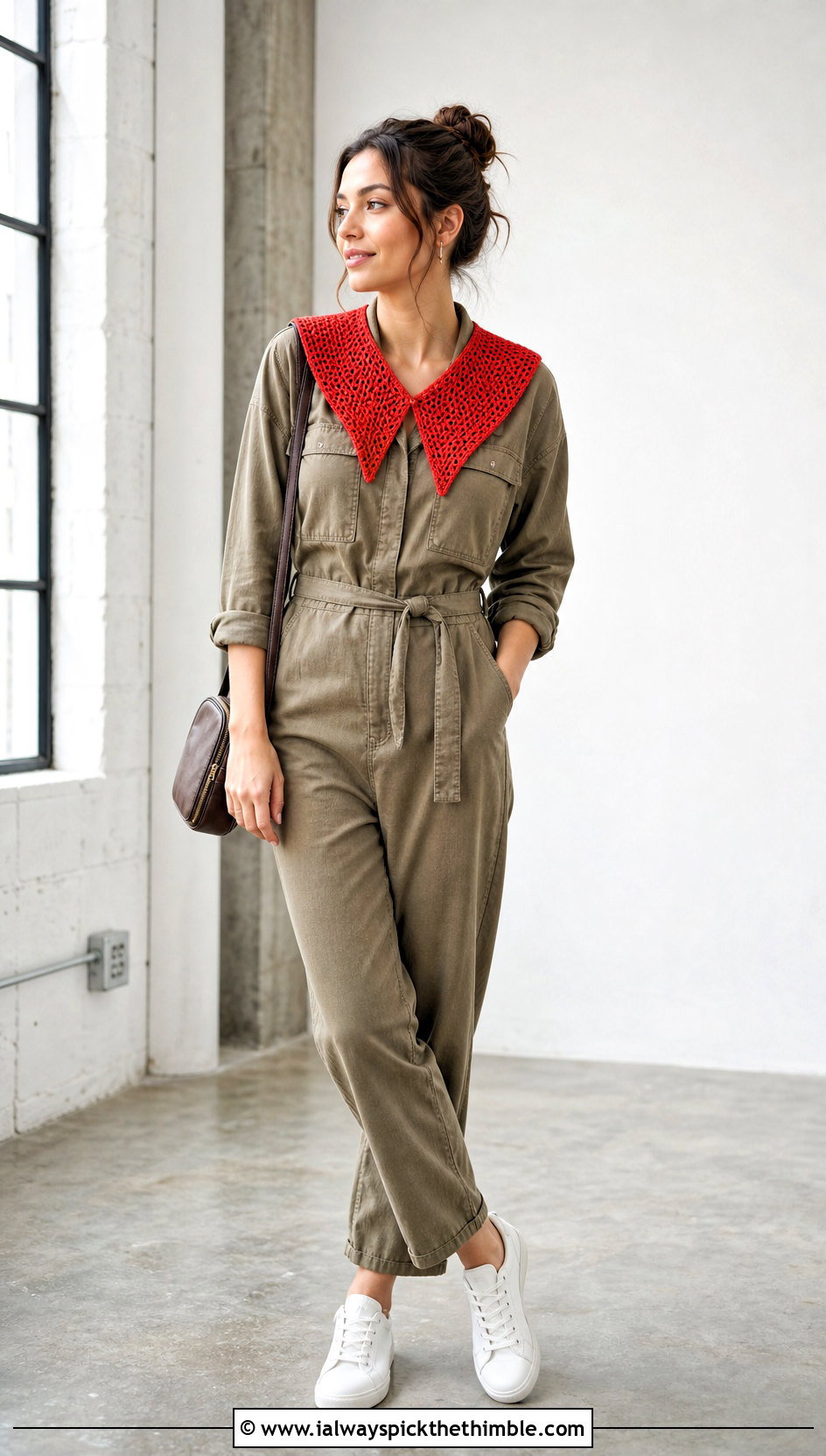 V Shaped Crochet Collar With Utility Jumpsuit And Sneakers - 15 beginner crochet collar outfit ideas