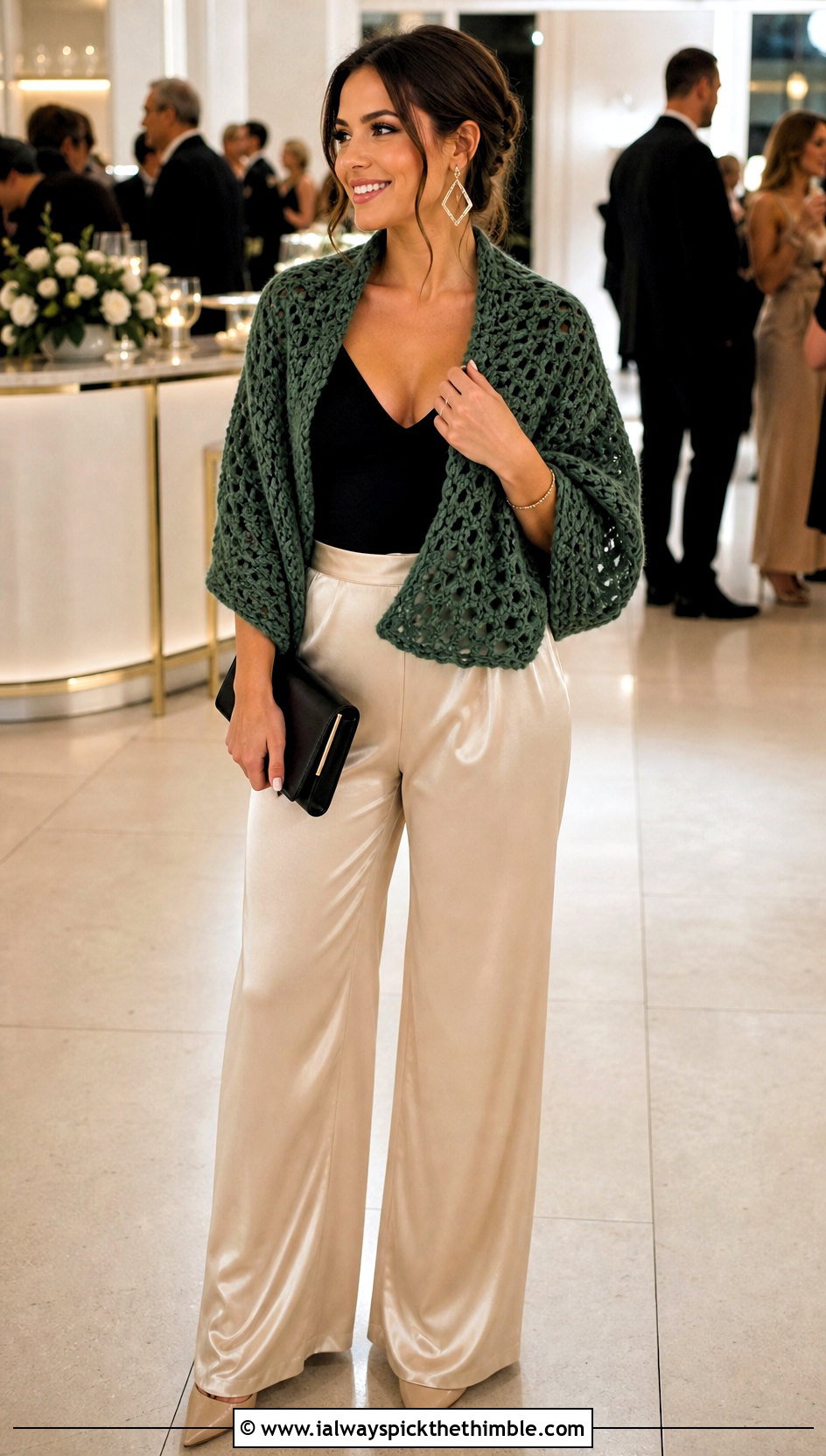 V Stitch Bulky Yarn Crochet Shawl With Satin Pants - 20 Bulky Yarn Crochet Shawl outfit ideas