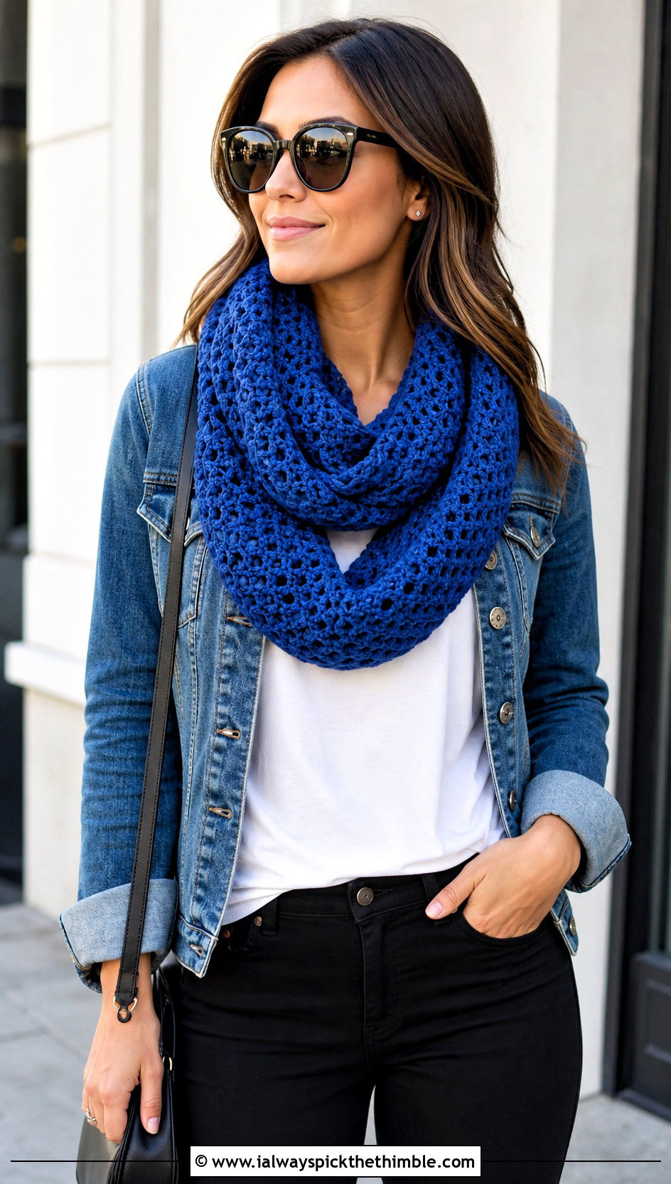 V Stitch Crochet Infinity Scarf With Denim Jacket - 20 v stitch crochet scarf outfit ideas