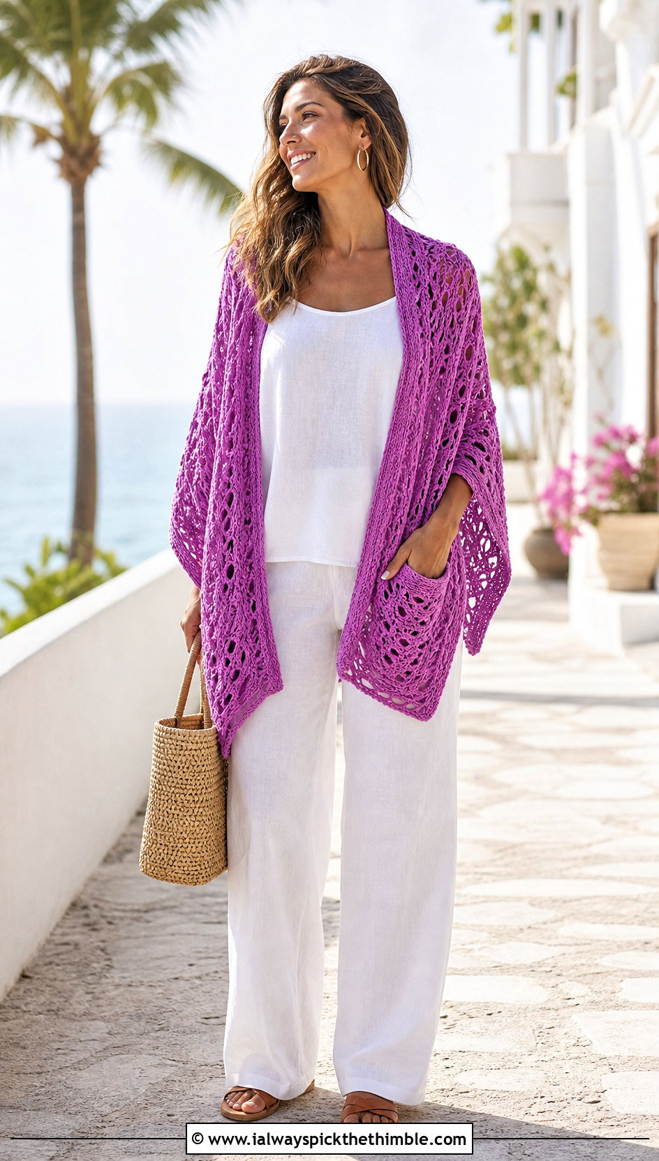 V Stitch Crochet Pocket Shawl With Linen Set - 25 crochet pocket shawl outfit ideas