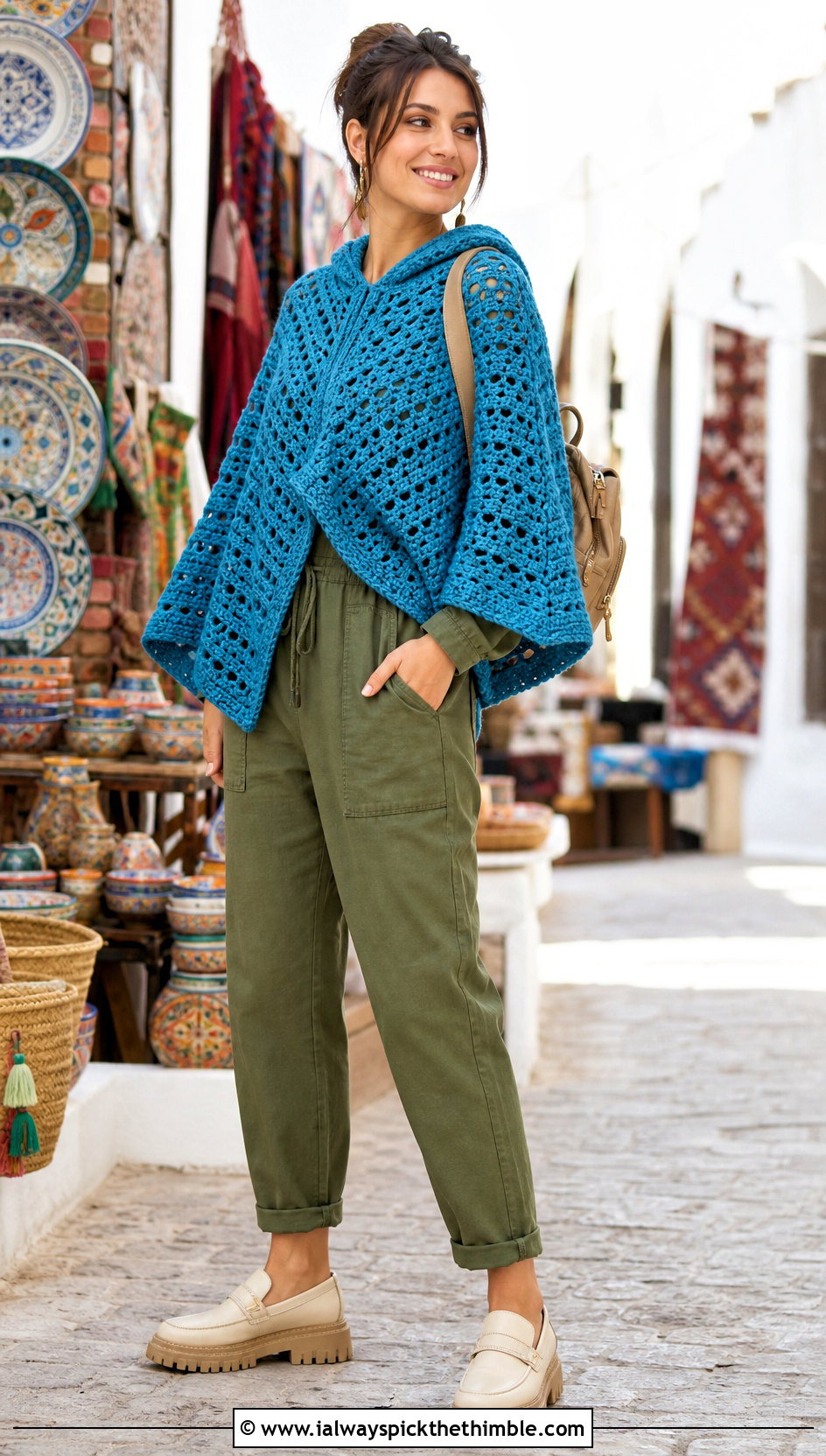 V Stitch Crochet Poncho With Hood and Utility Jumpsuit - 25 crochet poncho with hood outfit ideas
