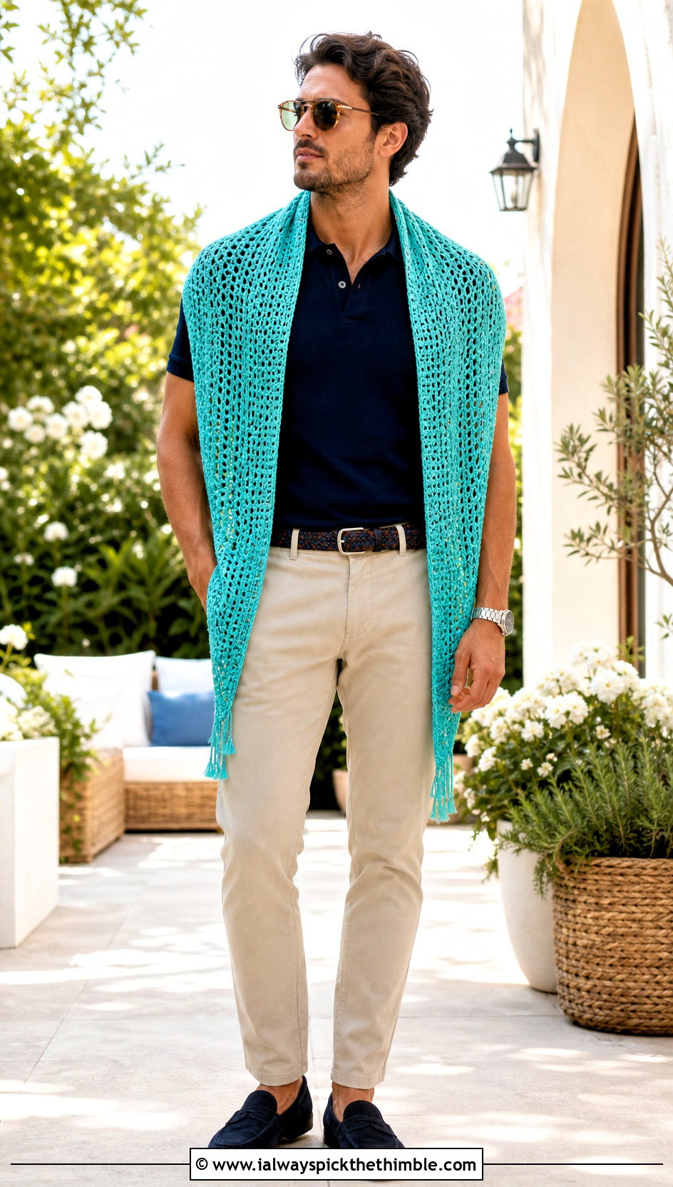 V Stitch Crochet Prayer Shawl With A Polo And Chinos - 20 Mens Crochet Prayer Shawl outfit ideas