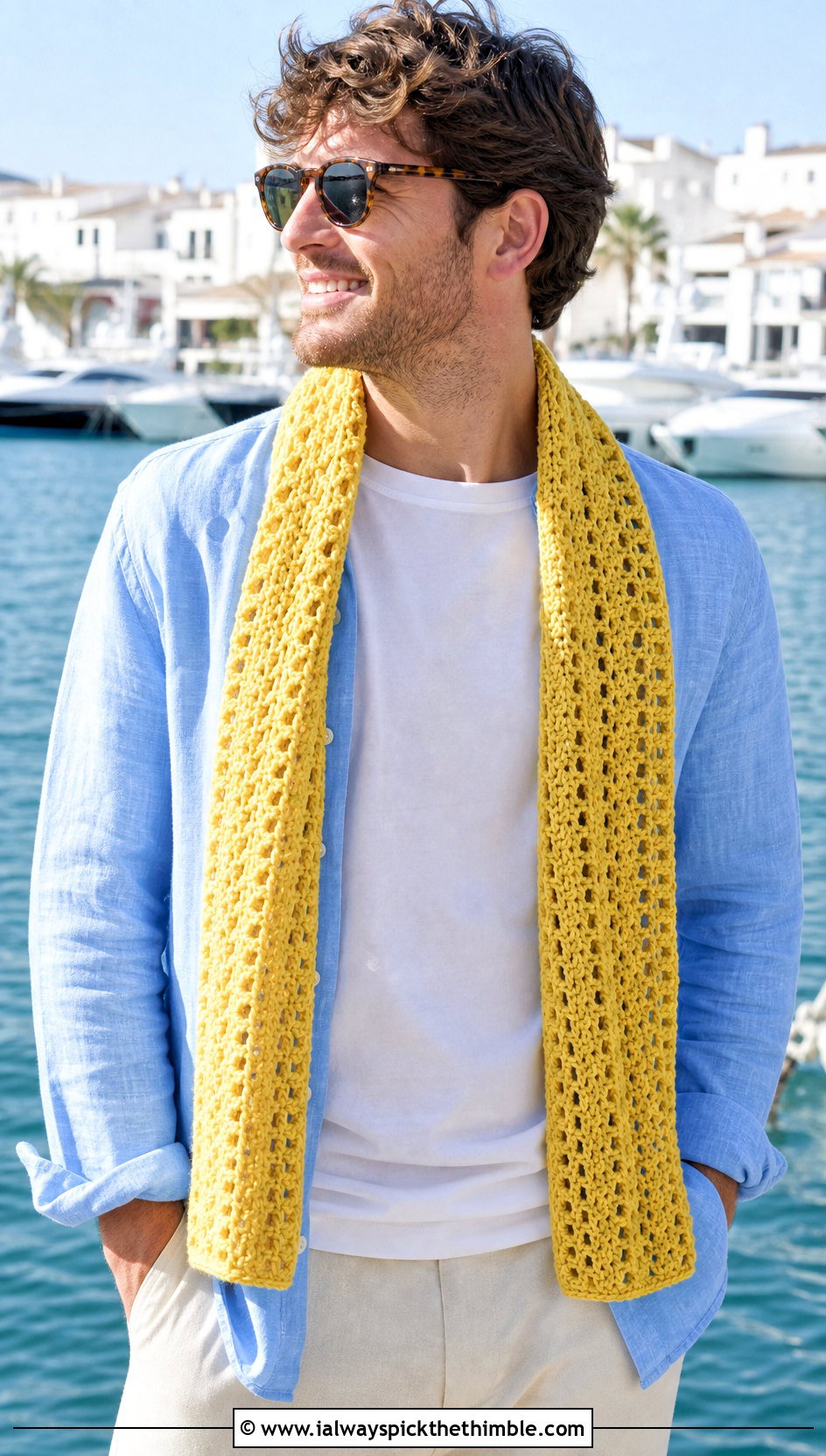 V Stitch Crochet Scarf With Linen Overshirt - 15 crochet stitch for mens scarf outfit ideas