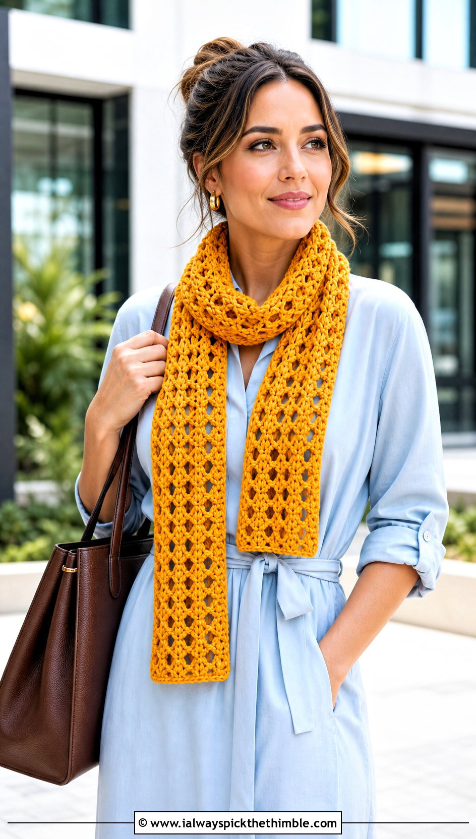 V Stitch Crochet Scarf With Shirt Dress - 25 easy one skein crochet scarf outfit ideas