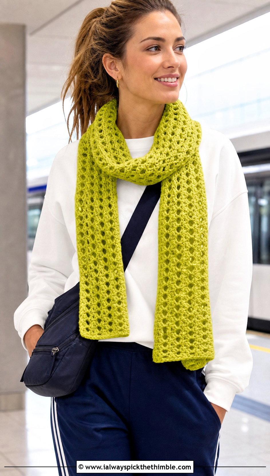 V Stitch Crochet Scarf With Sweatshirt And Track Pants - 15 Light Weight Crochet Scarf outfit ideas
