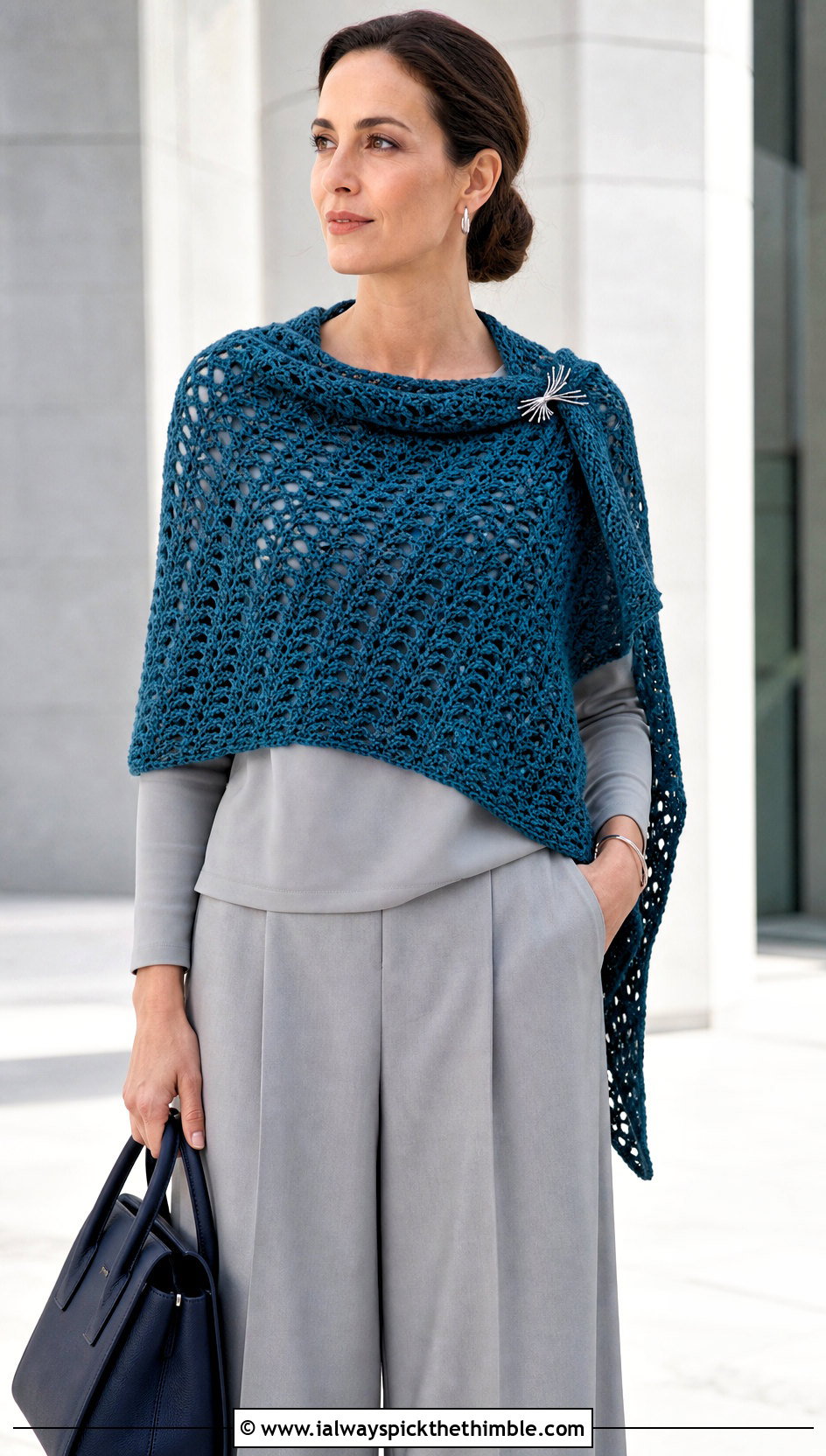 V Stitch Crochet Shawl With Monochrome Outfit - 20 Simple Crochet Shawl outfit ideas