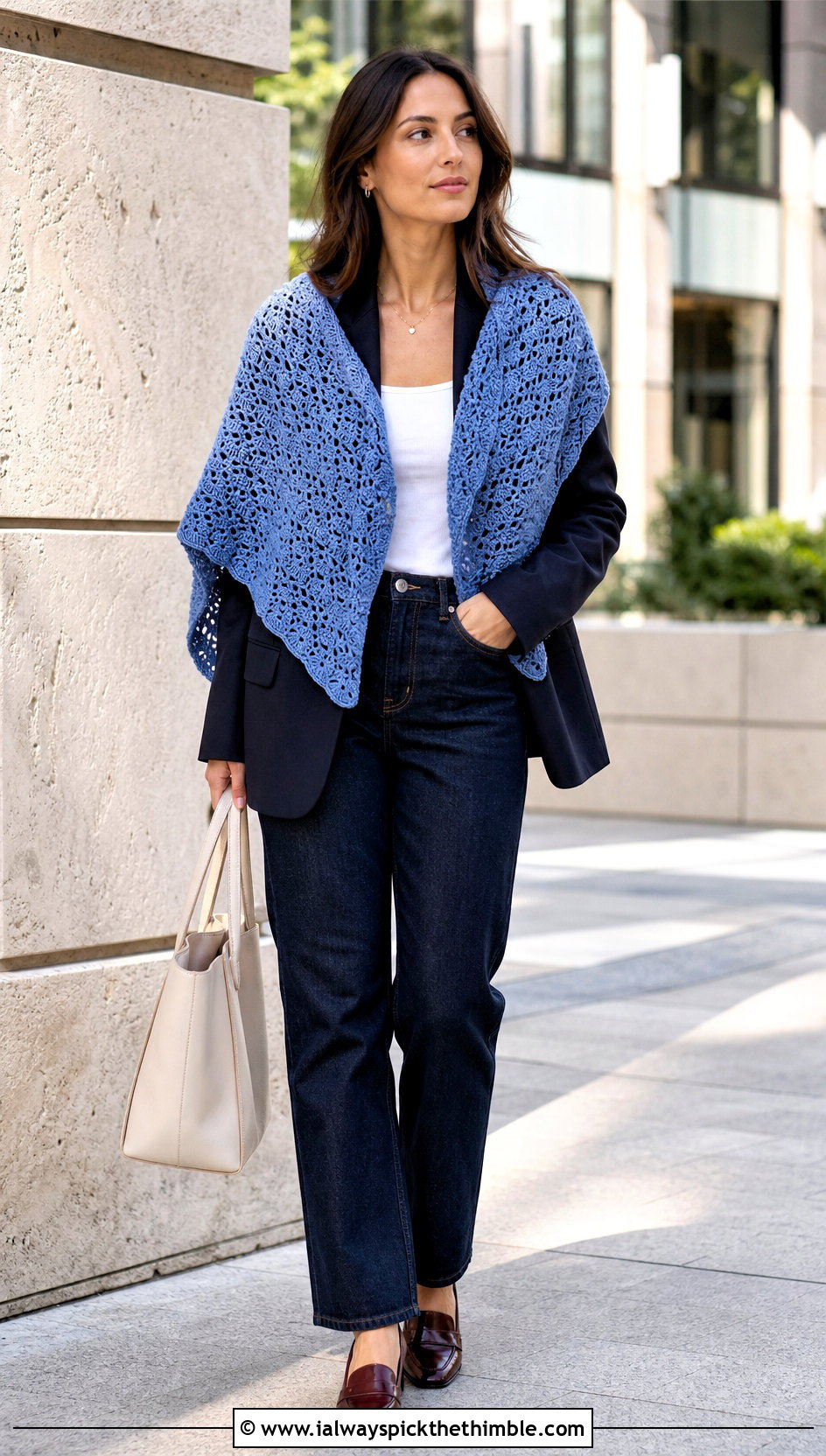 V Stitch Crochet Shoulder Shawl With Blazer And Jeans - 20 Crochet Shoulder Shawl outfit ideas