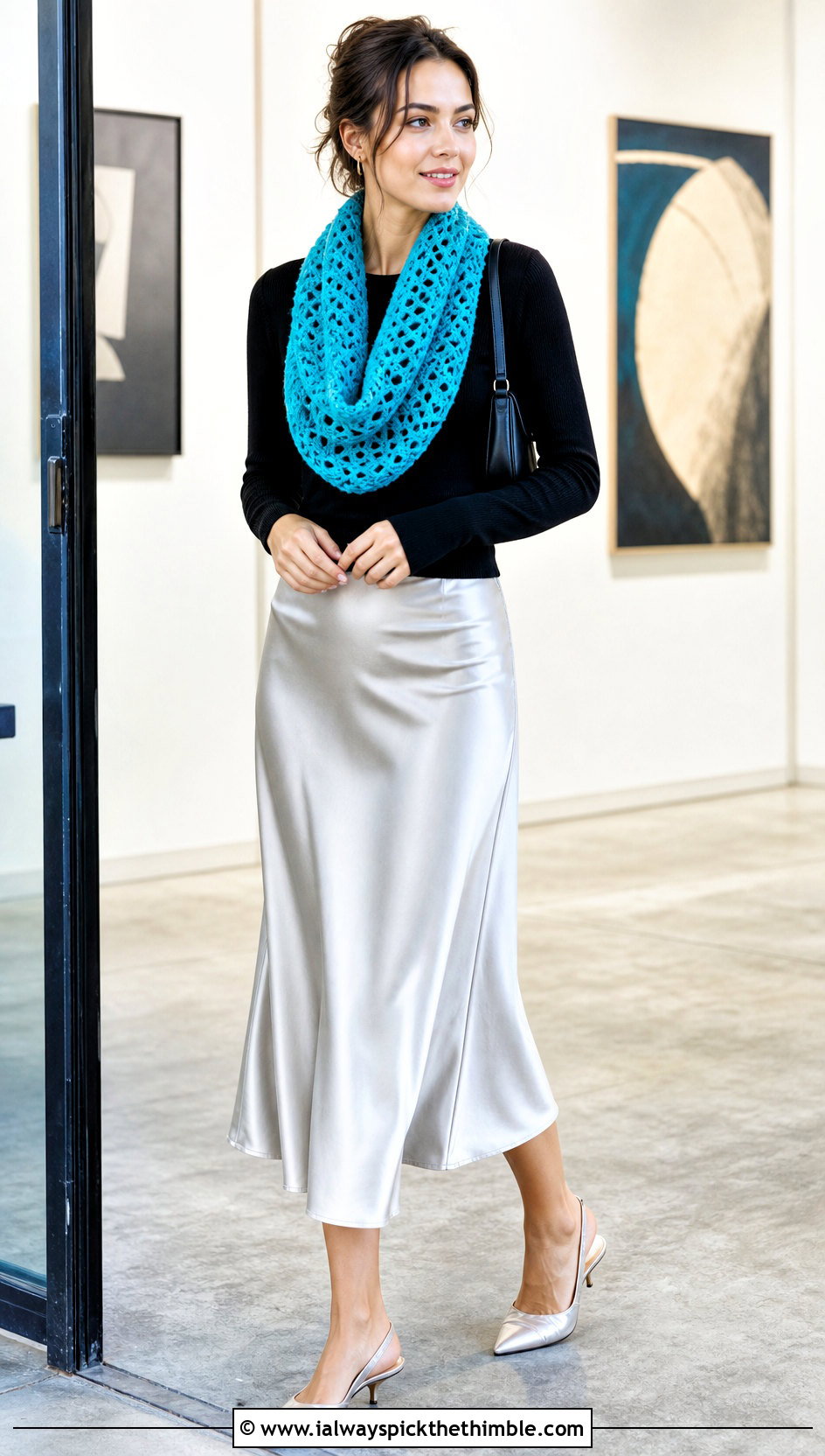 V Stitch Crochet Tube Scarf With Satin Skirt - 20 Crochet Tube Scarf outfit ideas