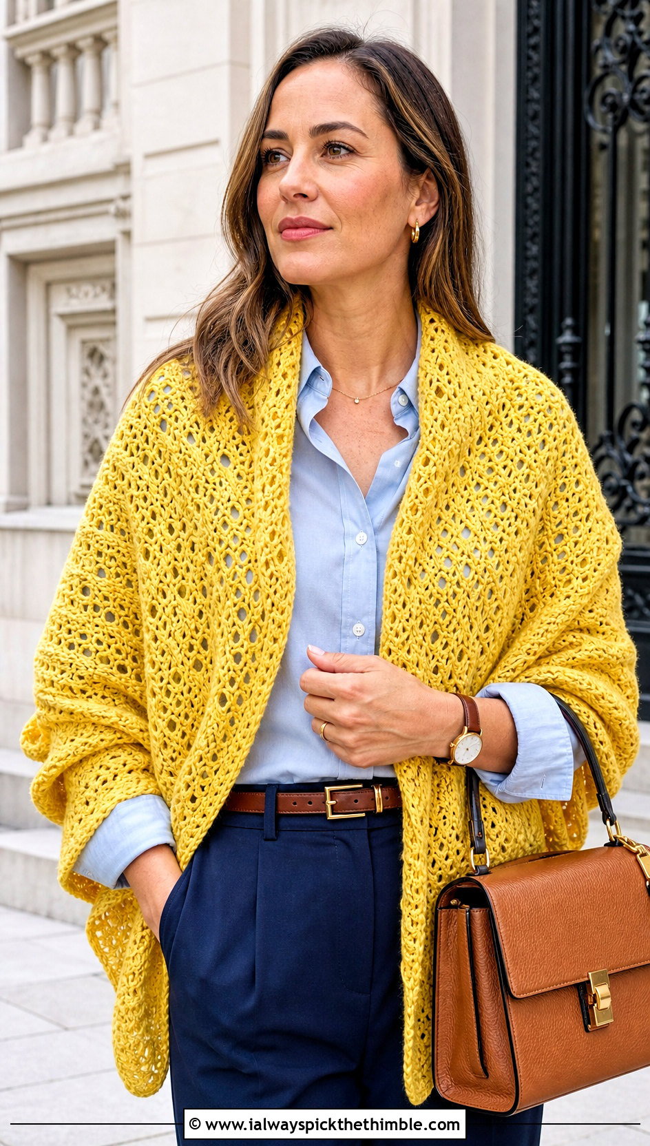 V Stitch Crochet Wrap With Button Down Shirt - 20 Light Weight Crochet Shawl outfit ideas