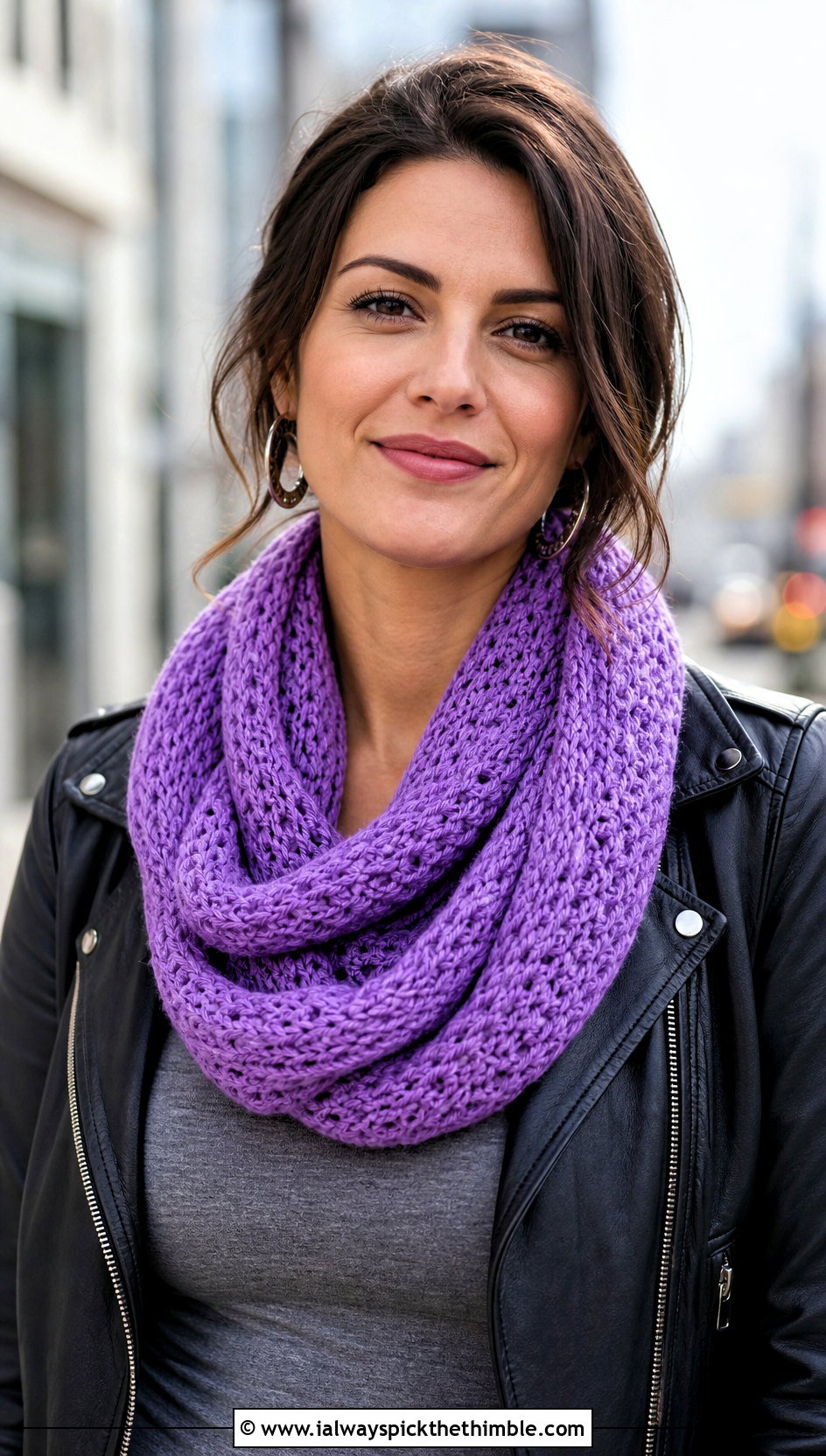 V Stitch Infinity Scarf With Leather Jacket - 20 crochet v stitch scarf outfit ideas