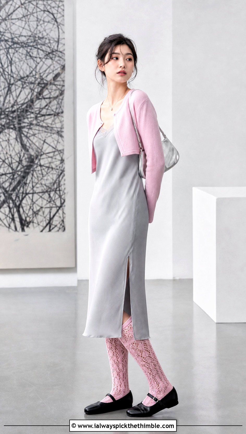 V Stitch Lace Crochet Knee High Socks With Slip Dress - 20 crochet long socks outfit ideas