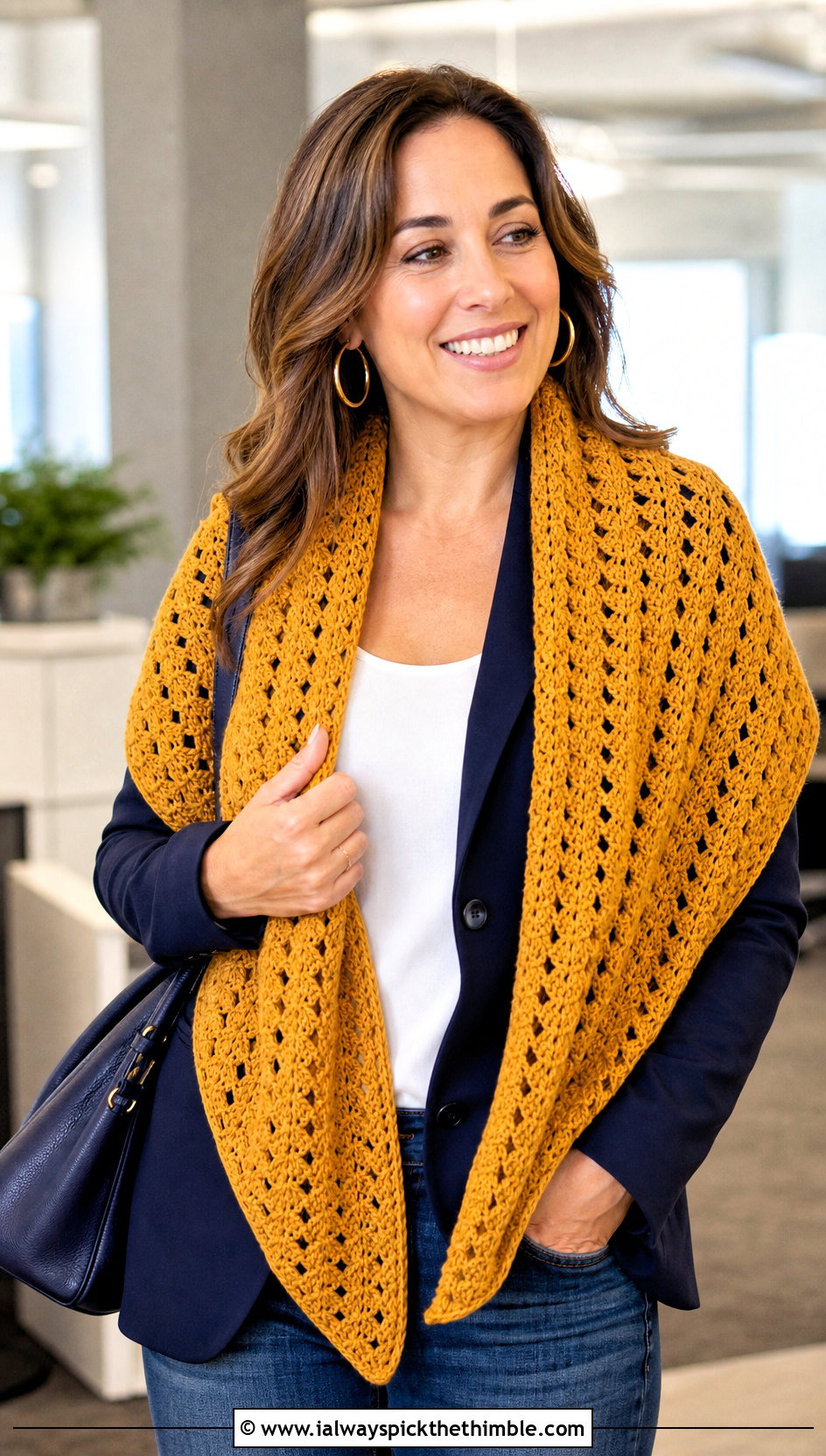 V Stitch Lace Crochet Shawl With Blazer And Jeans - 20 Lace Crochet Shawl outfit ideas