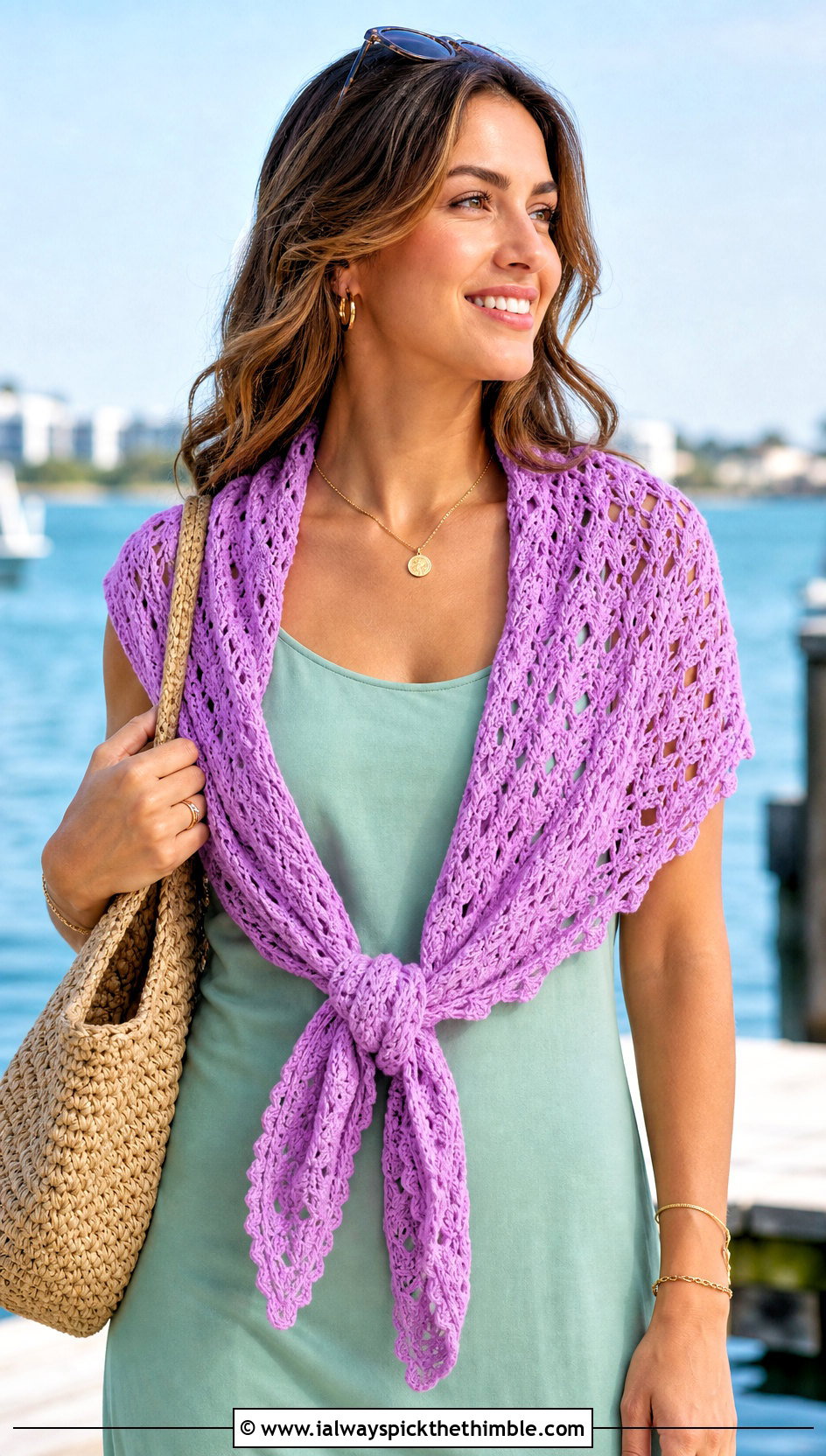V Stitch Lace Triangle Shawl With Tank Dress And Sandals - 20 Crochet Lacy Triangle Shawl outfit ideas