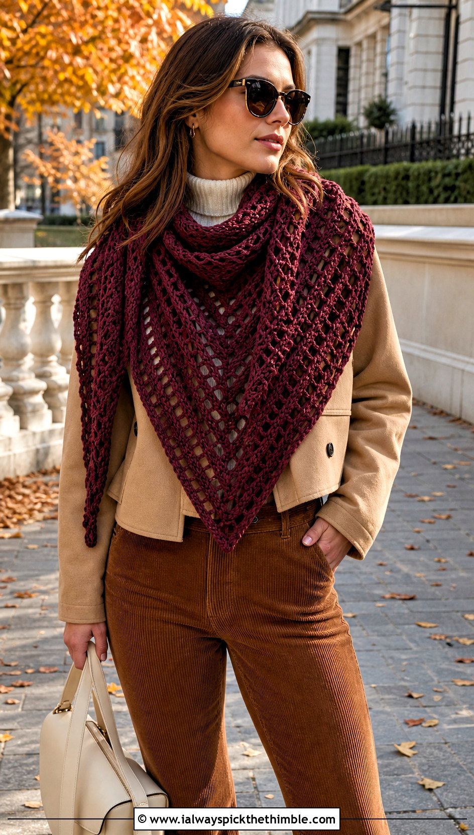 V Stitch Mesh Triangle Shawl With Corduroy Pants - 20 Crochet Mesh Triangle Shawl outfit ideas