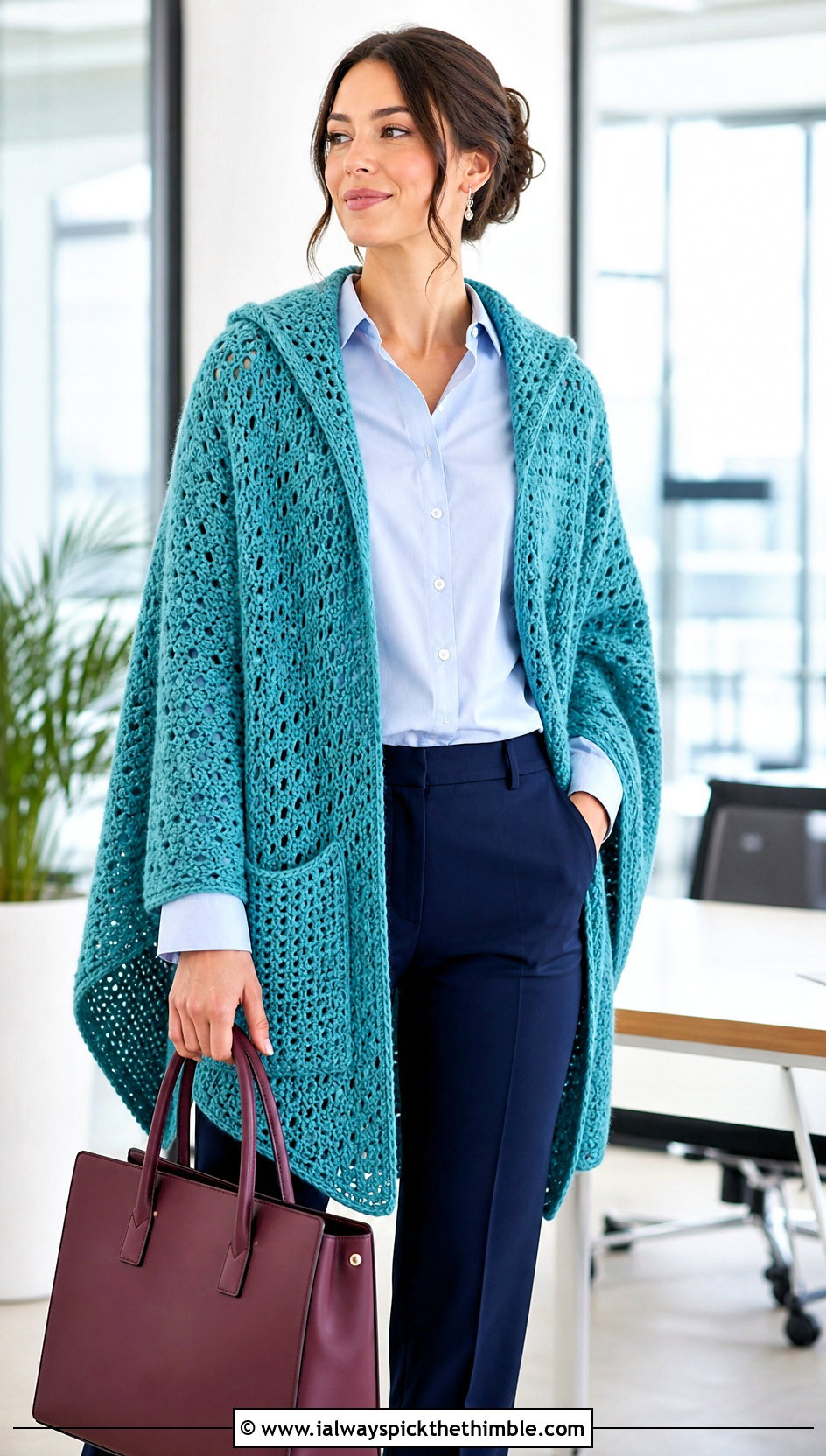 V Stitch Pocket Crochet Hooded Shawl With Office Trousers - 25 crochet hooded shawl outfit ideas
