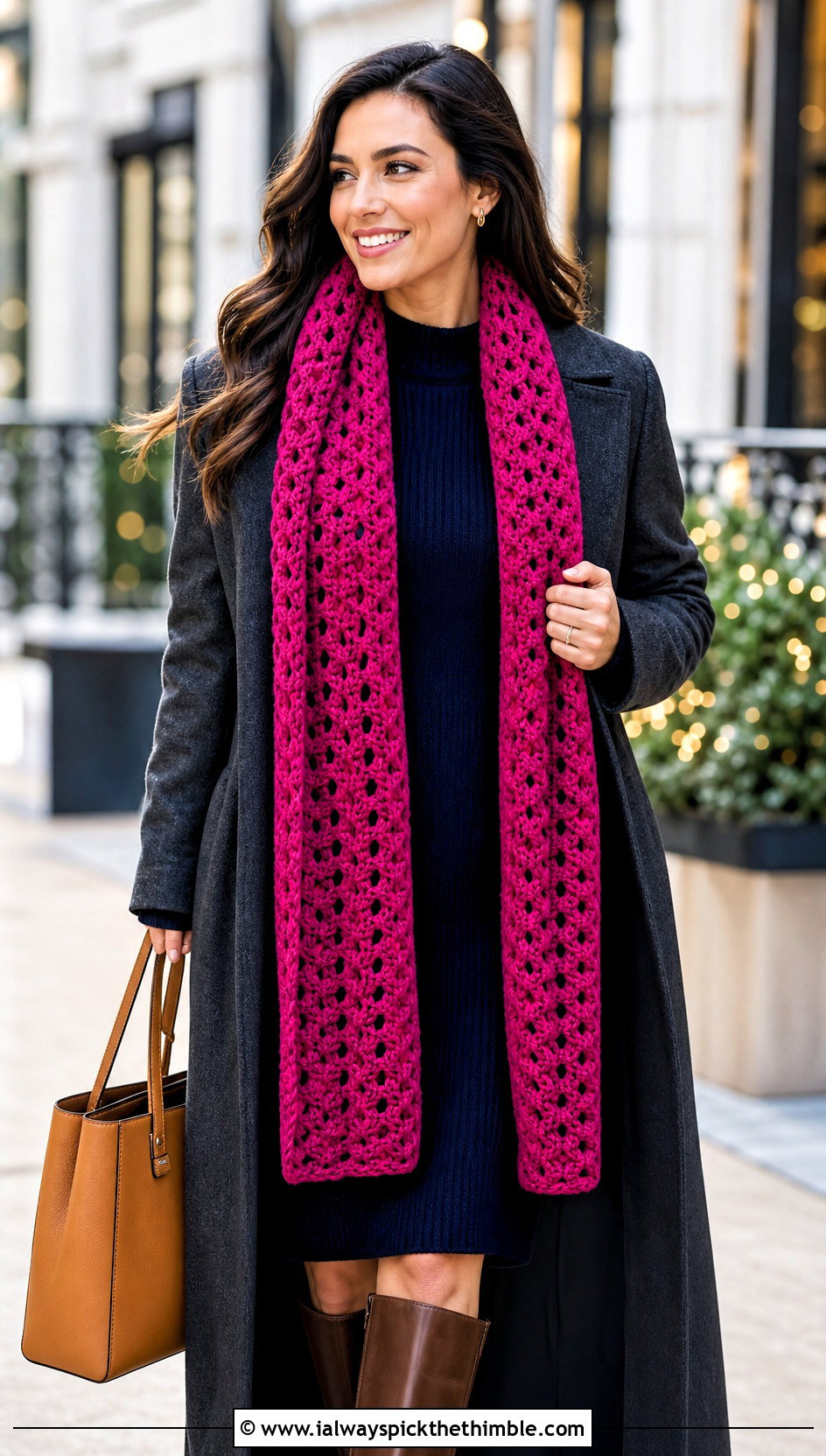 V Stitch Rectangular Scarf With Sweater Dress - 15 openwork crochet scarf outfit ideas