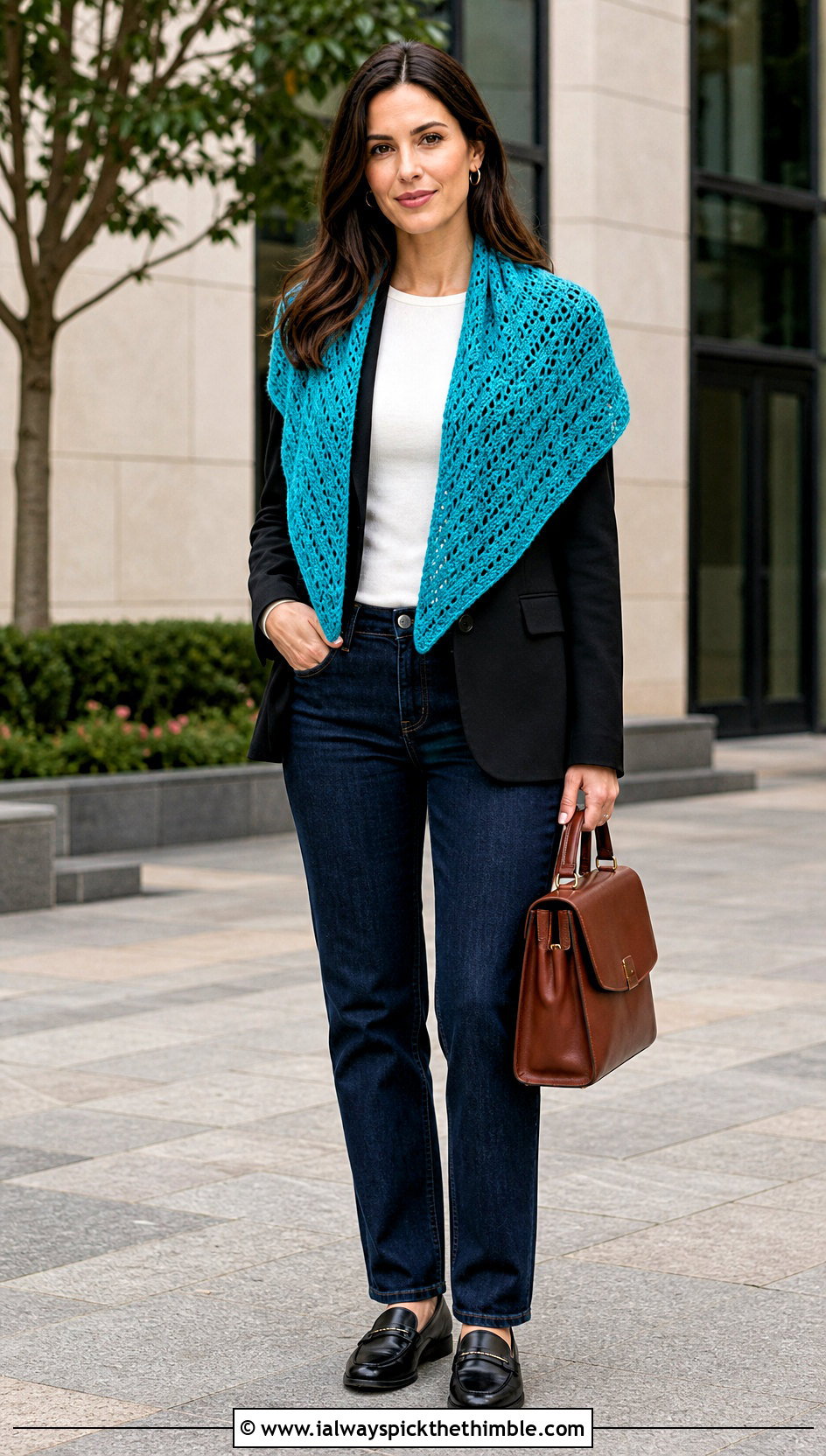 V Stitch Worsted Weight Crochet Shawl With Blazer And Jeans - 20 Crochet Shawl Worsted Weight Yarn outfit ideas