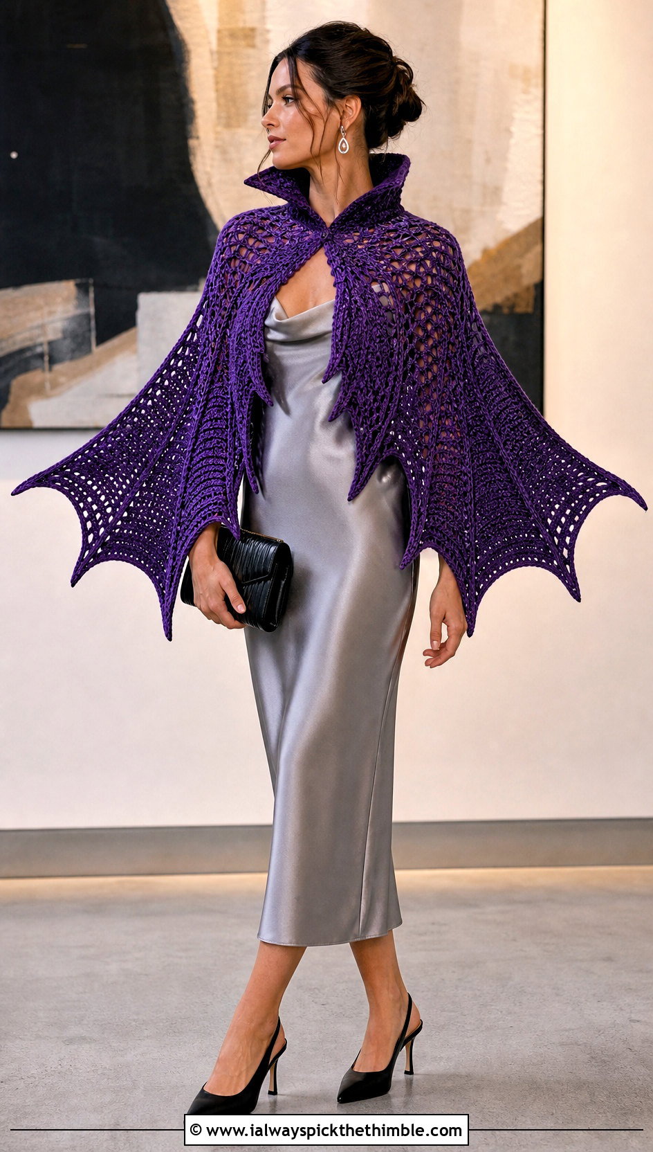 Vampire Collar Bat Wing Crochet Shawl With Slip Dress - 20 bat wing crochet shawl outfit ideas