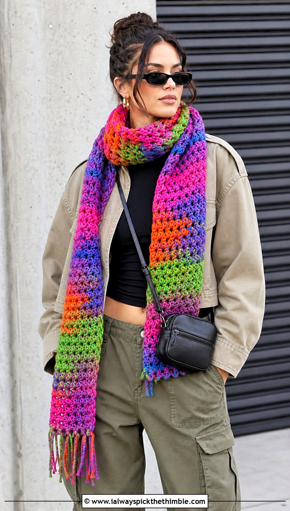 Variegated Chunky Crochet Scarf With Cargo Pants - 20 multi colored crochet scarf outfit ideas