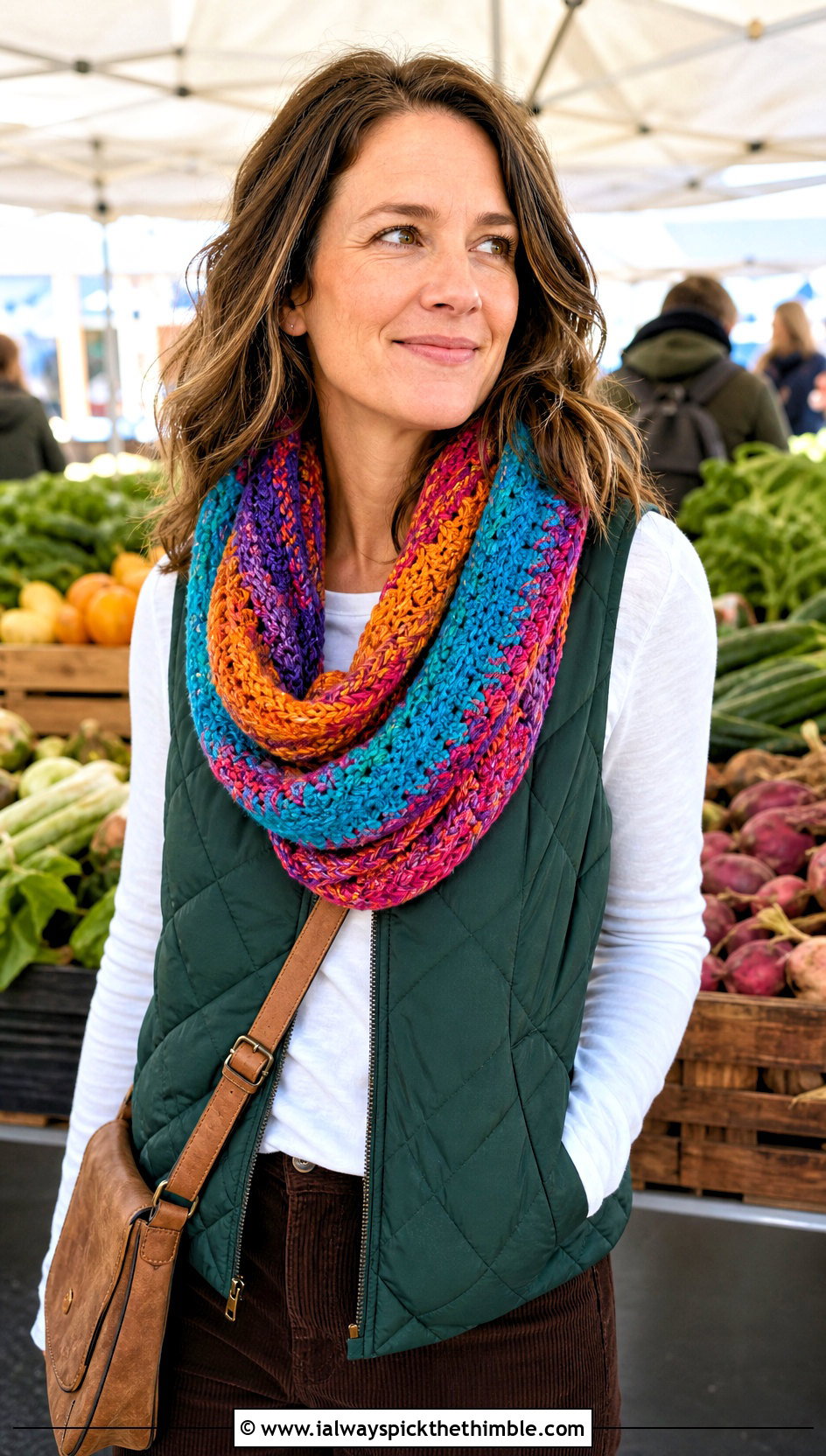 Variegated Crochet Loop Scarf With Quilted Vest - 20 Crochet Loop Scarf outfit ideas