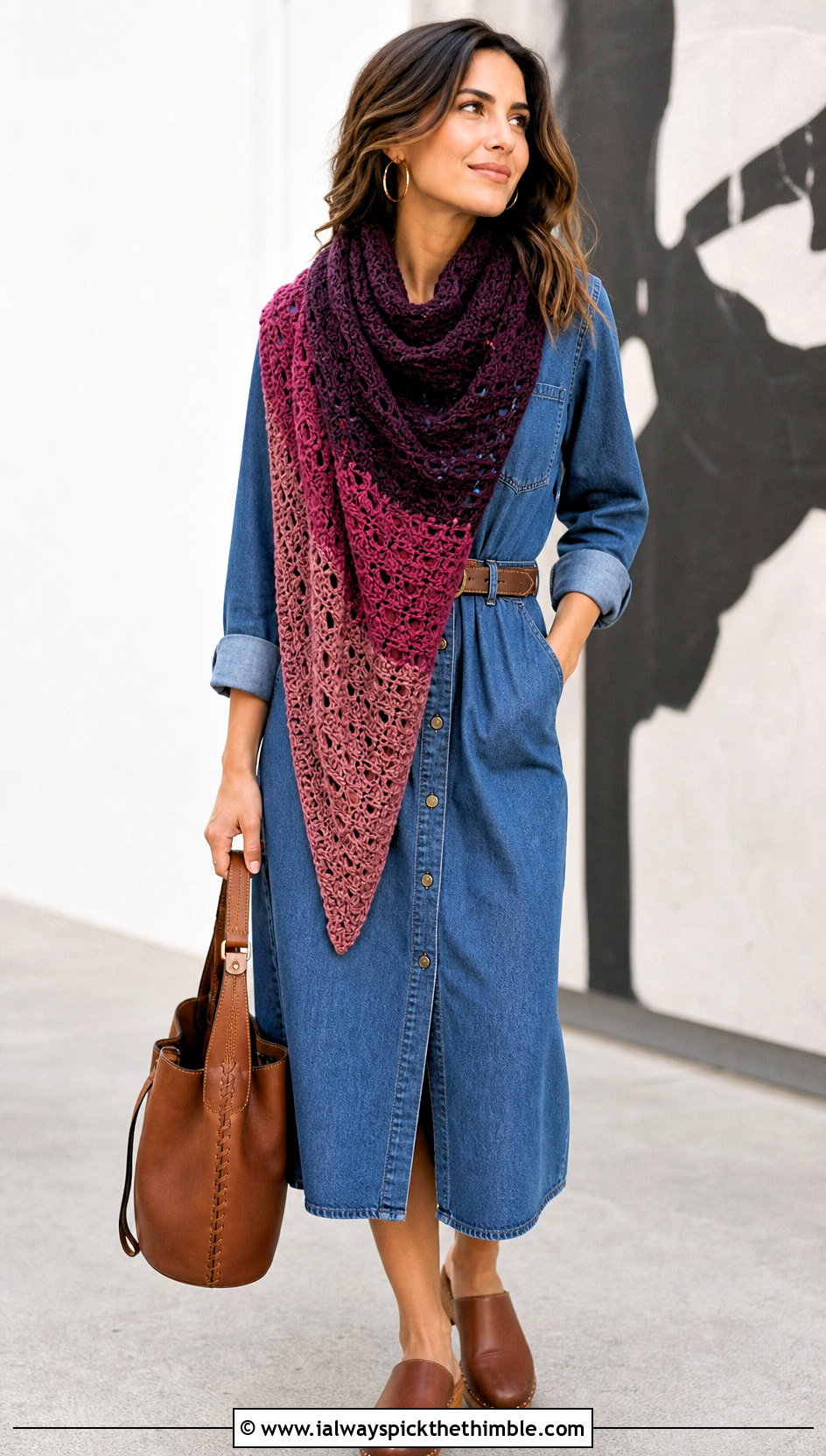 Variegated Crochet Road Trip Scarf With Denim Dress - 15 Crochet Road Trip Scarf outfit ideas