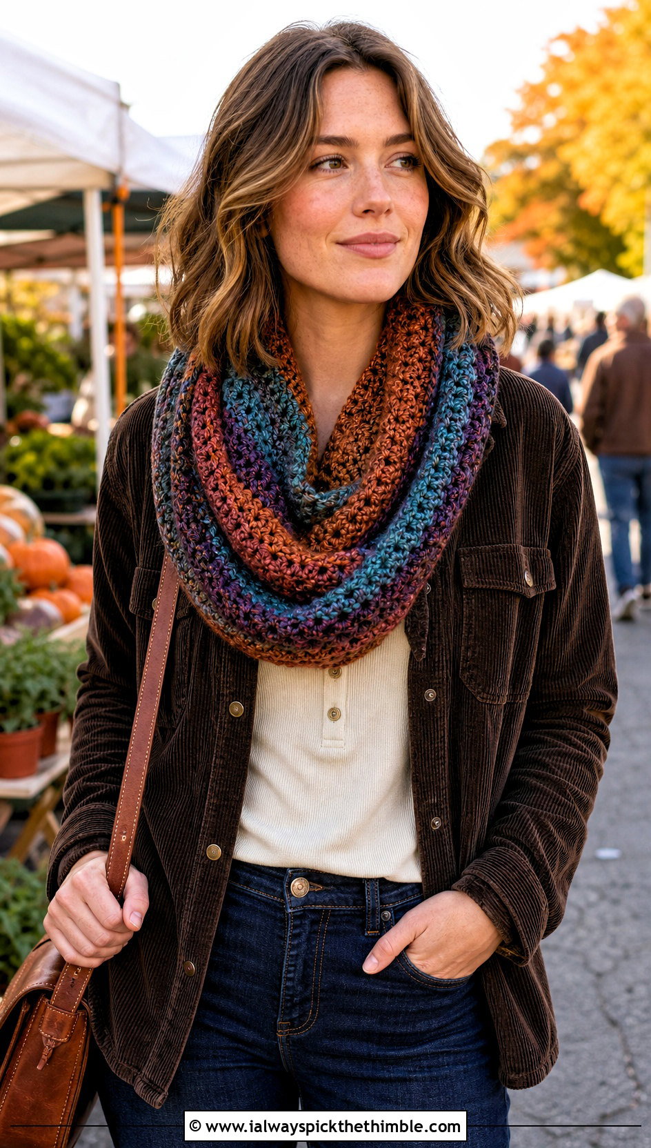 Variegated Crochet Snood Scarf With Corduroy Overshirt - 20 snood crochet scarf outfit ideas