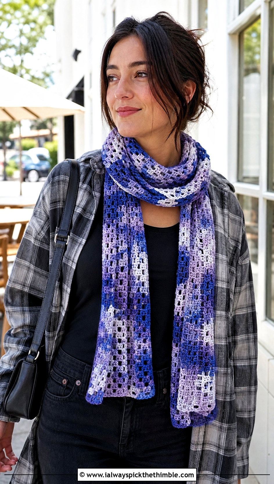 Variegated Crochet Sophie Scarf With Plaid Overshirt And Black Jeans - 25 crochet sophie scarf outfit ideas