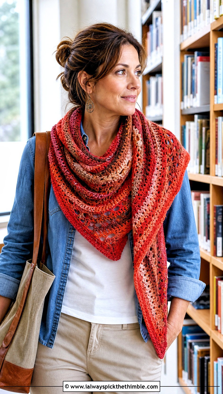 Variegated Crochet Triangle Shawl With Denim Shirt And Chinos - 25 crochet triangle shawl outfit ideas