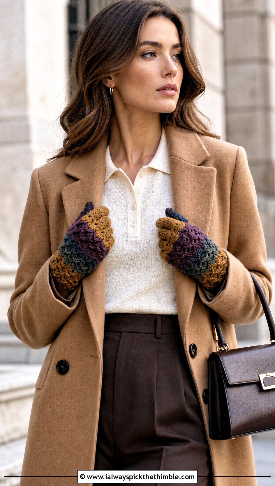 Variegated Dragonscale Crochet Gloves With Camel Coat And Loafers - 15 Dragonscale Crochet Gloves outfit ideas